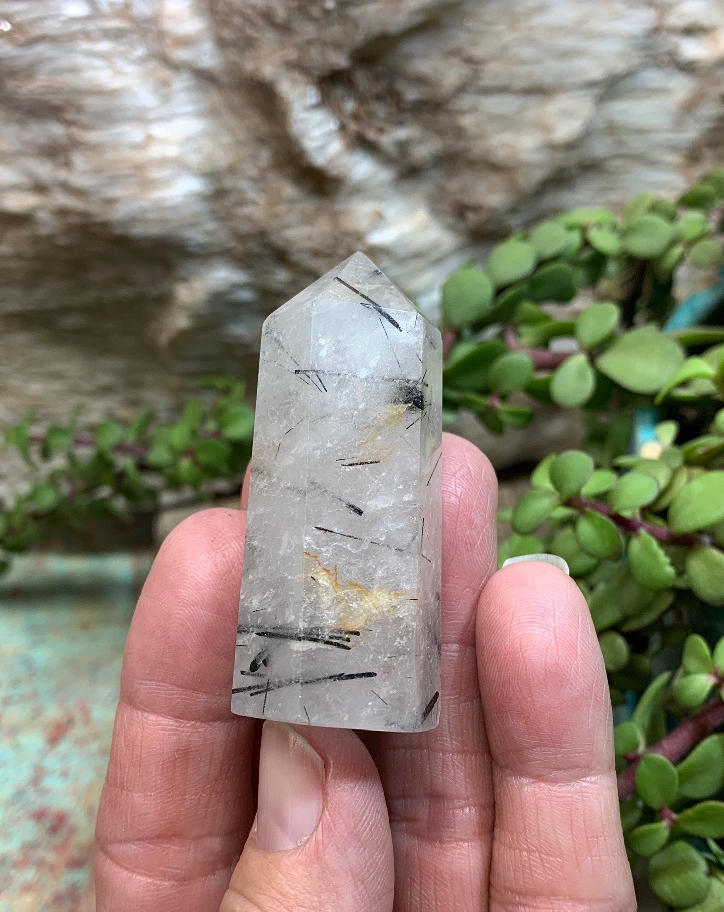 Tourmalinated Quartz Obelisk,                 Approx. (2 1/4”)  Tourmalinated Quartz Crystal, Healing Stone for Crystal Grid Making OBL-0147