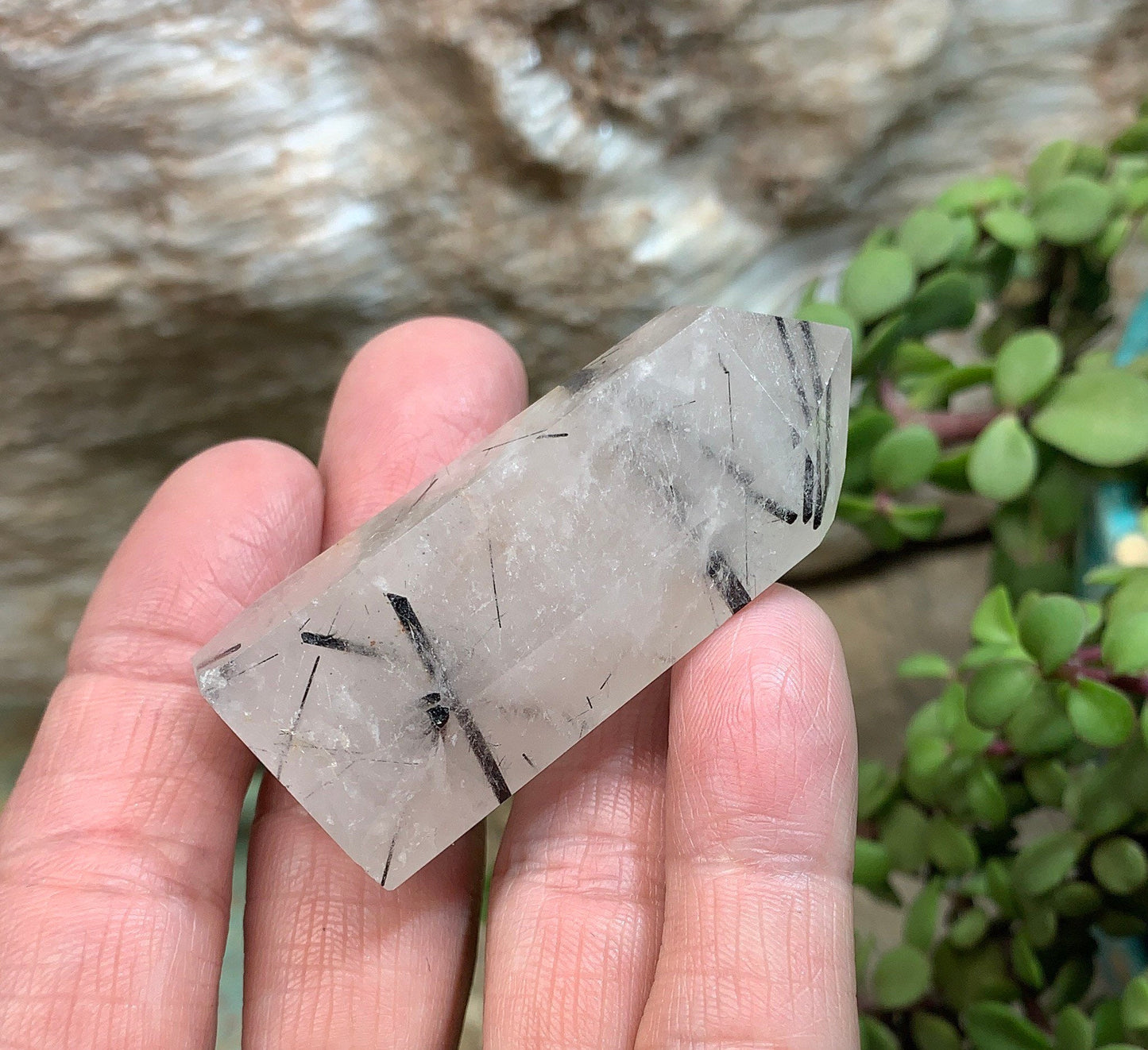 Tourmalinated Quartz Obelisk,                 Approx. (2 1/4”)  Tourmalinated Quartz Crystal, Healing Stone for Crystal Grid Making OBL-0147