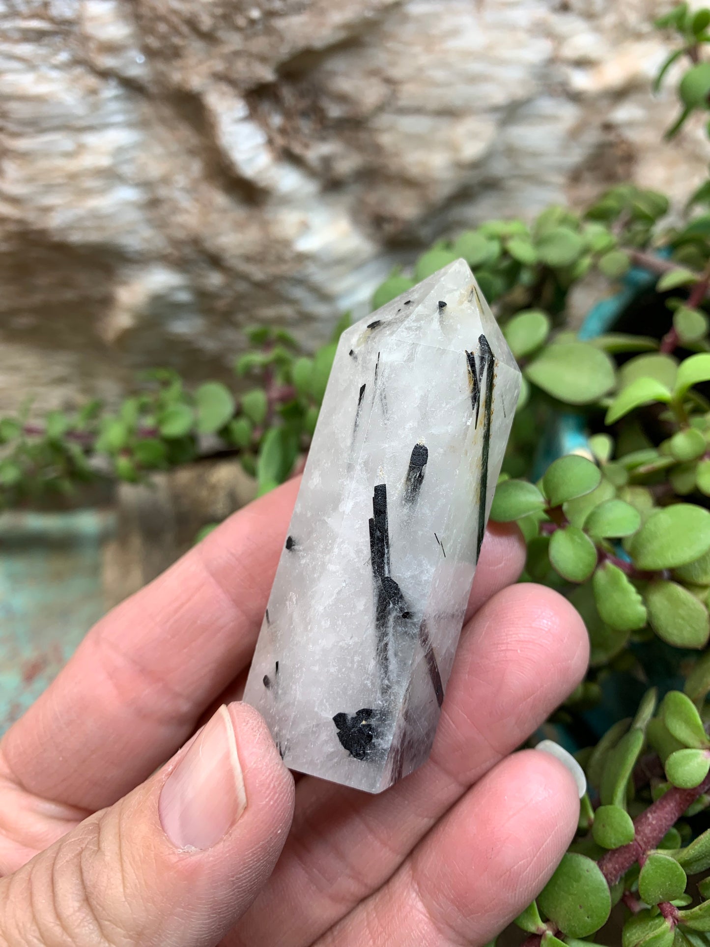 Tourmalinated Quartz Obelisk, Approx. (2 1/2”) Tourmalinated Quartz Crystal, Healing Stone for Crystal Grid Making OBL-0144