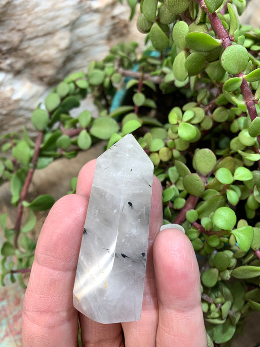 Tourmalinated Quartz Obelisk, Approx. (2 1/2”) Tourmalinated Quartz Crystal, Healing Stone for Crystal Grid Making OBL-0137