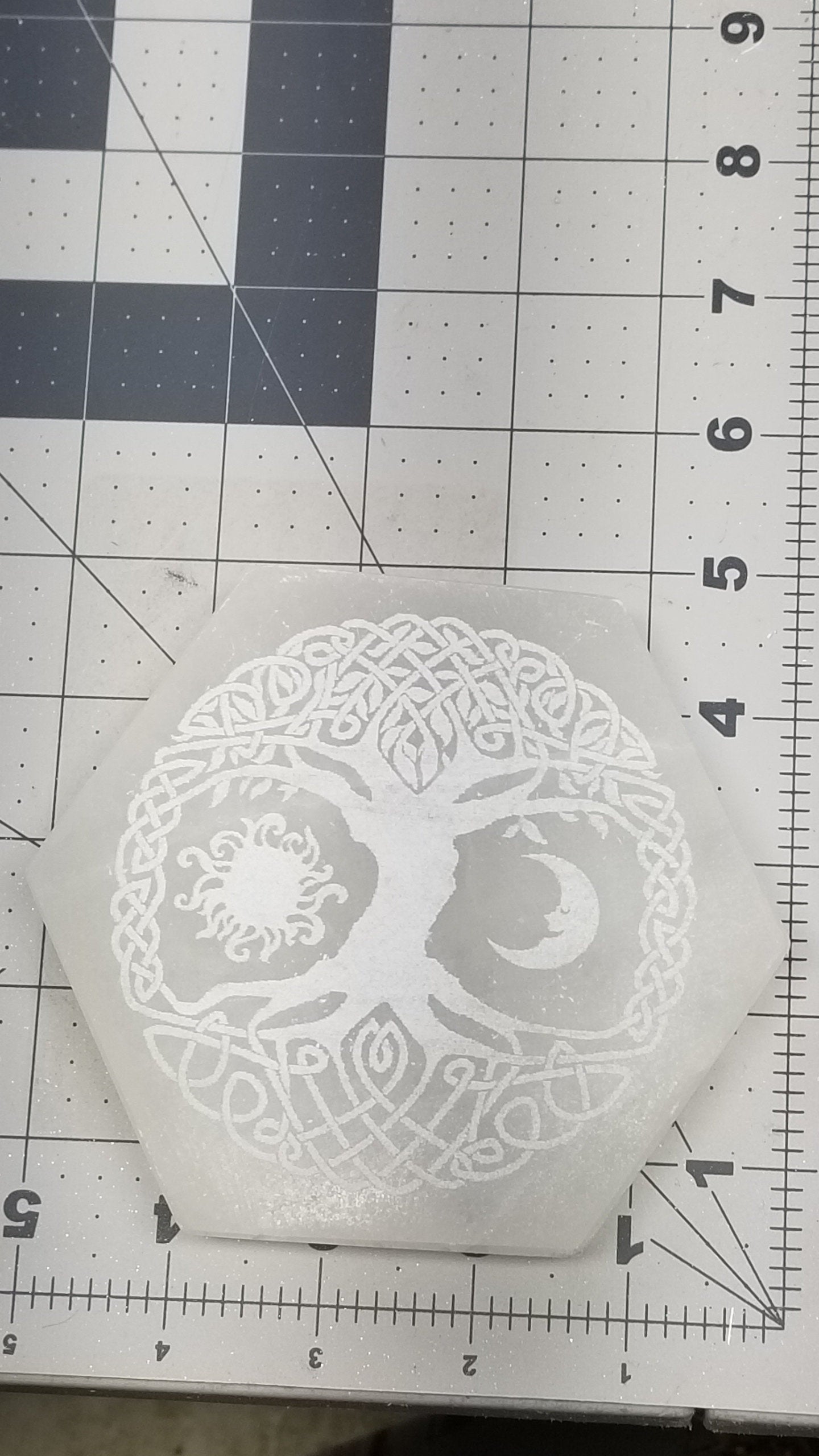 Carved Selenite Hexogon Stone, Tree of Life, Sun and Moon Sacred Geometry (Approx. 5" x 5x 7/8"each)point to point Sel-0067