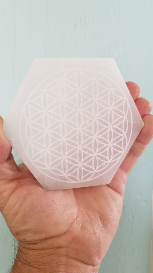 Carved Selenite Hexogon Stone, Flower of Life, Sacred Geometry (Approx. 5" x 5x 7/8"each)point to point Sel-0053