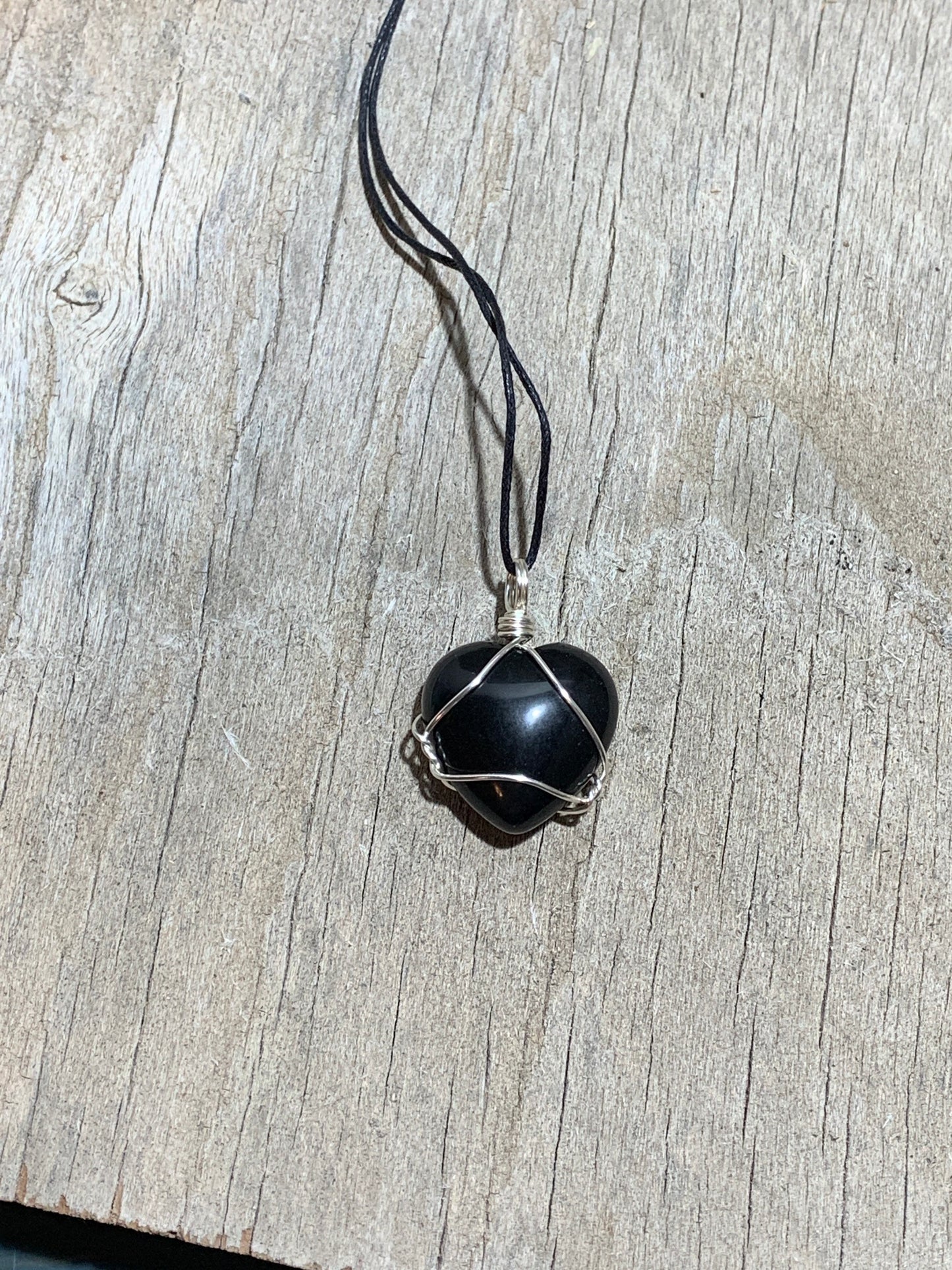 Obsidian Wire Wrapped Heart Necklace               NCK-0099