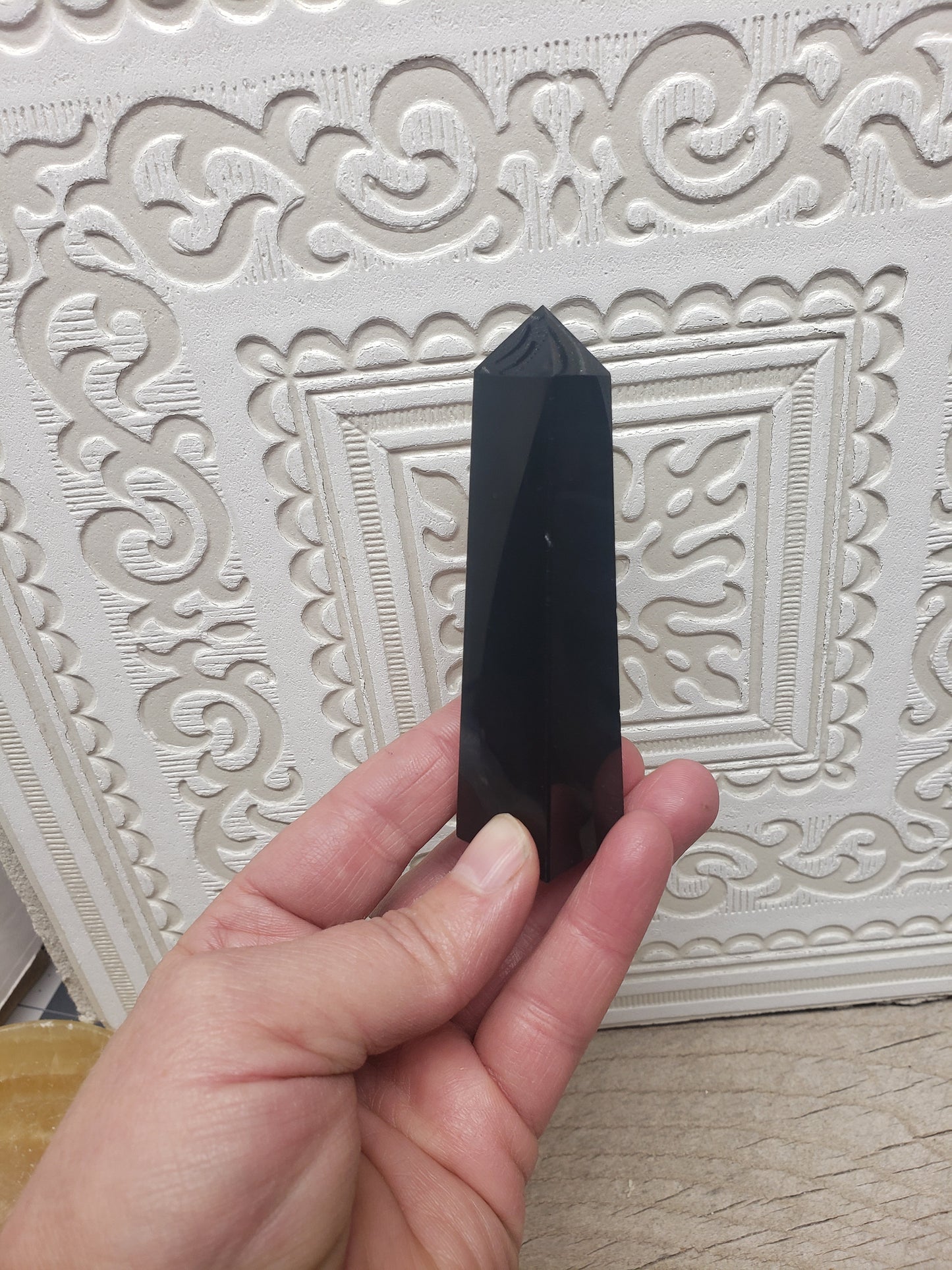 Obsidian Obelisk, Black, Natural, Beautiful, (Approx. 3 3/4" long) One Crystal, Polished, Natural, for Home Decor, Grid OBL-0059