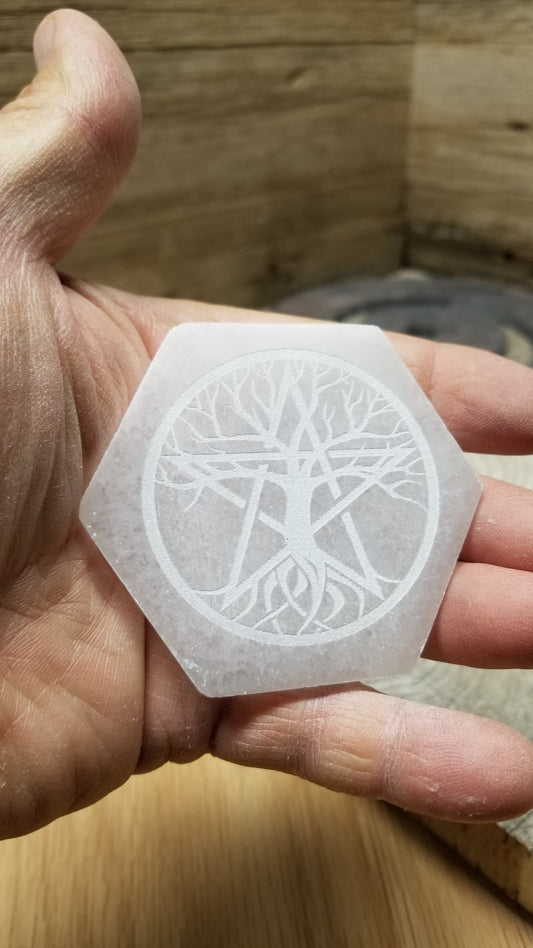 Selenite Carved Hexagon Etched Tile, Tree of Life Star Carving (Approx 3 1/4")  Crystal Charging Plate, Supply for Grid SEL-0010