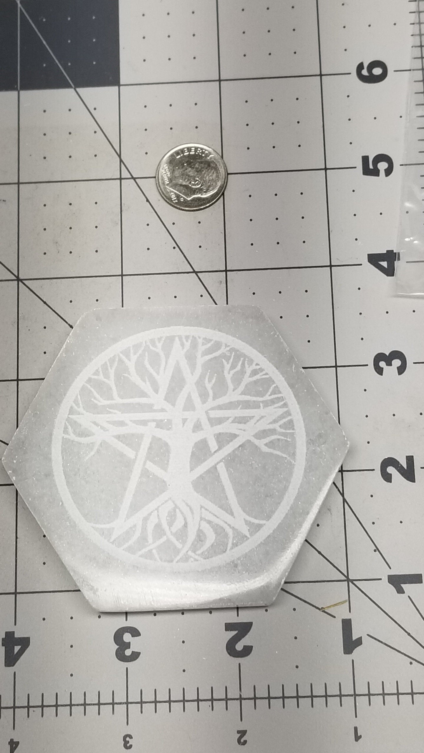 Selenite Carved Hexagon Etched Tile, Tree of Life Star Carving (Approx 3 1/4")  Crystal Charging Plate, Supply for Grid SEL-0010