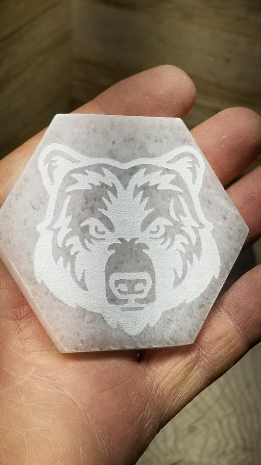 Selenite Carved Hexagon Tile, Bear Carving (Approx 3 1/4")  Crystal Charging Plate, Supply for Grid SEL-0012