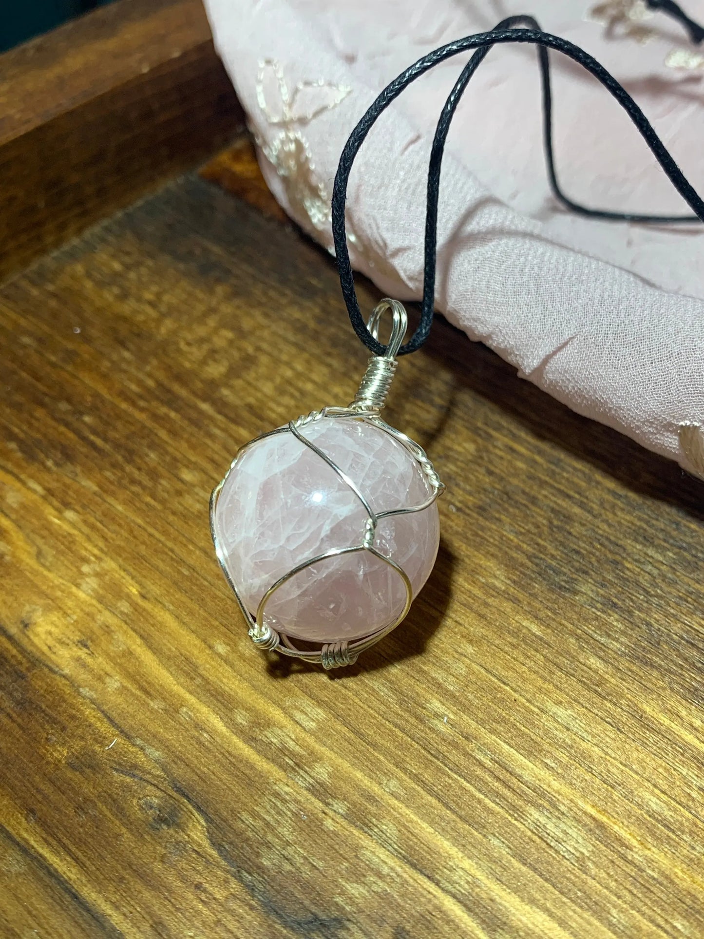 Rose Quartz Crystal Sphere Wrapped Necklace  NCK-0141 Shop Wholesale Crystals