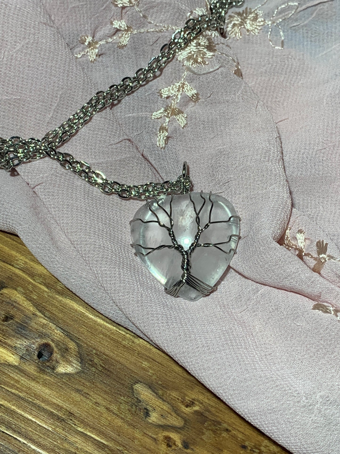 Clear Quartz Heart Tree of Life Necklace      NCK-0252