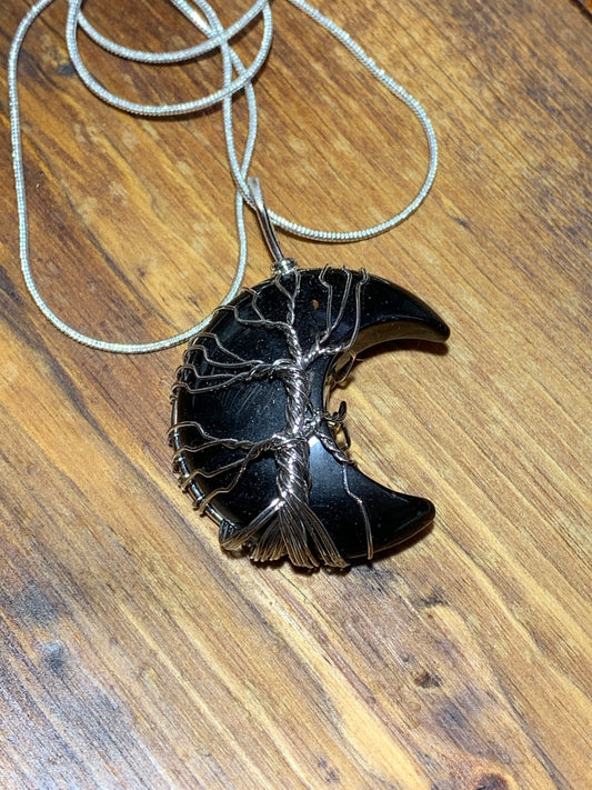 Obsidian Moon Wire Wrapped Necklace               NCK-0259