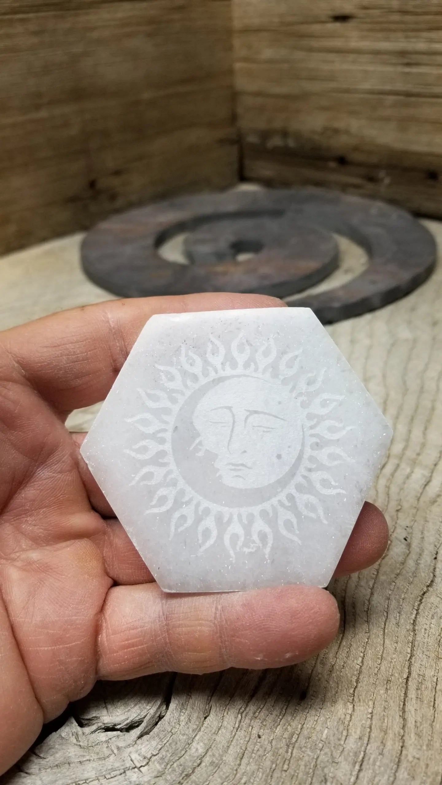Selenite Carved Hexagon Tile, Sun & Moon Carving (Approx 3 1/4")  Crystal Charging Plate, Supply for Grid SEL-0017 Shop Wholesale Crystals