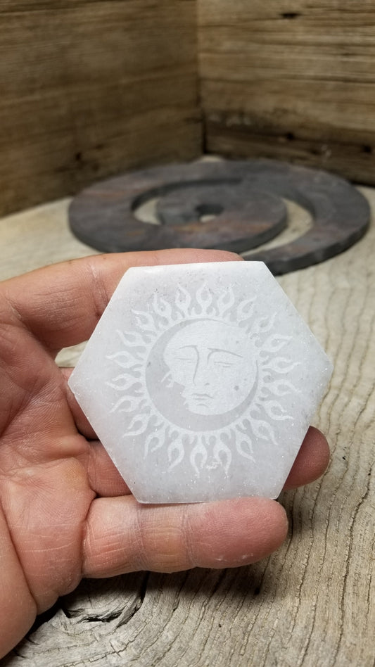 Selenite Carved Hexagon Tile, Sun & Moon Carving (Approx 3 1/4")  Crystal Charging Plate, Supply for Grid SEL-0017