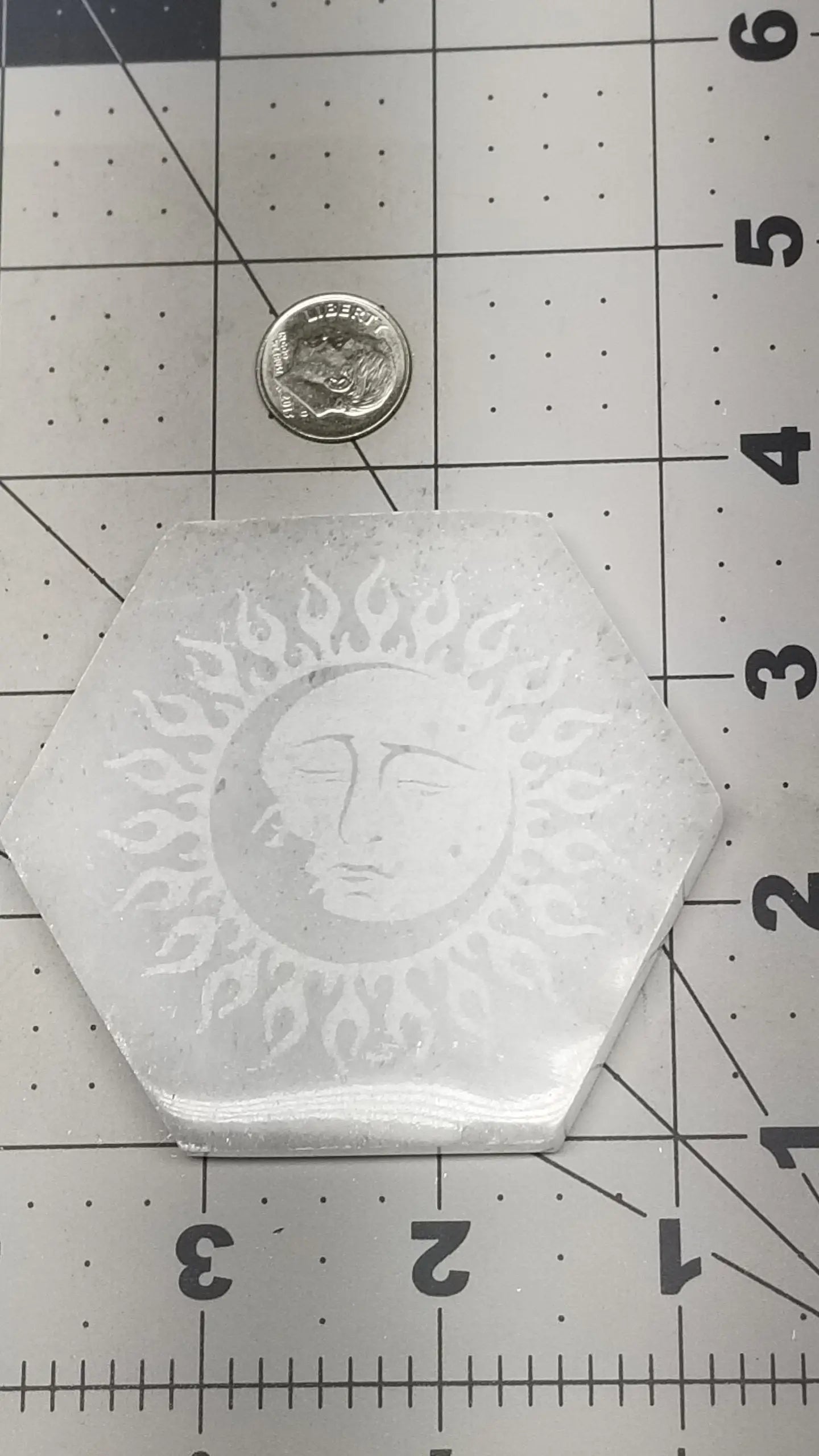 Selenite Carved Hexagon Tile, Sun & Moon Carving (Approx 3 1/4")  Crystal Charging Plate, Supply for Grid SEL-0017 Shop Wholesale Crystals