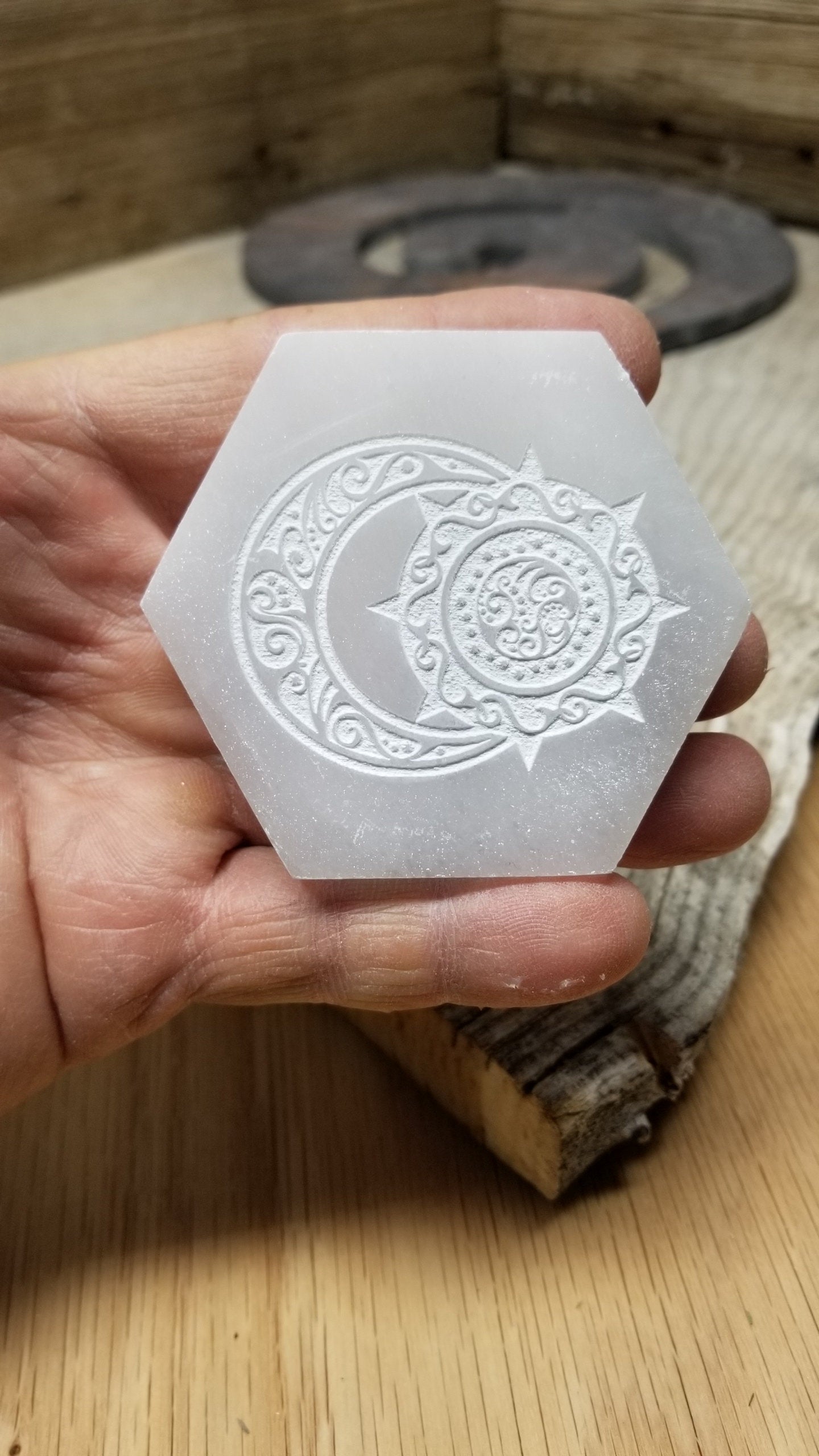 Selenite Carved Hexagon Tile, Sun & Moon Carving (Approx 3 1/4")  Crystal Charging Plate, Supply for Grid SEL-0019