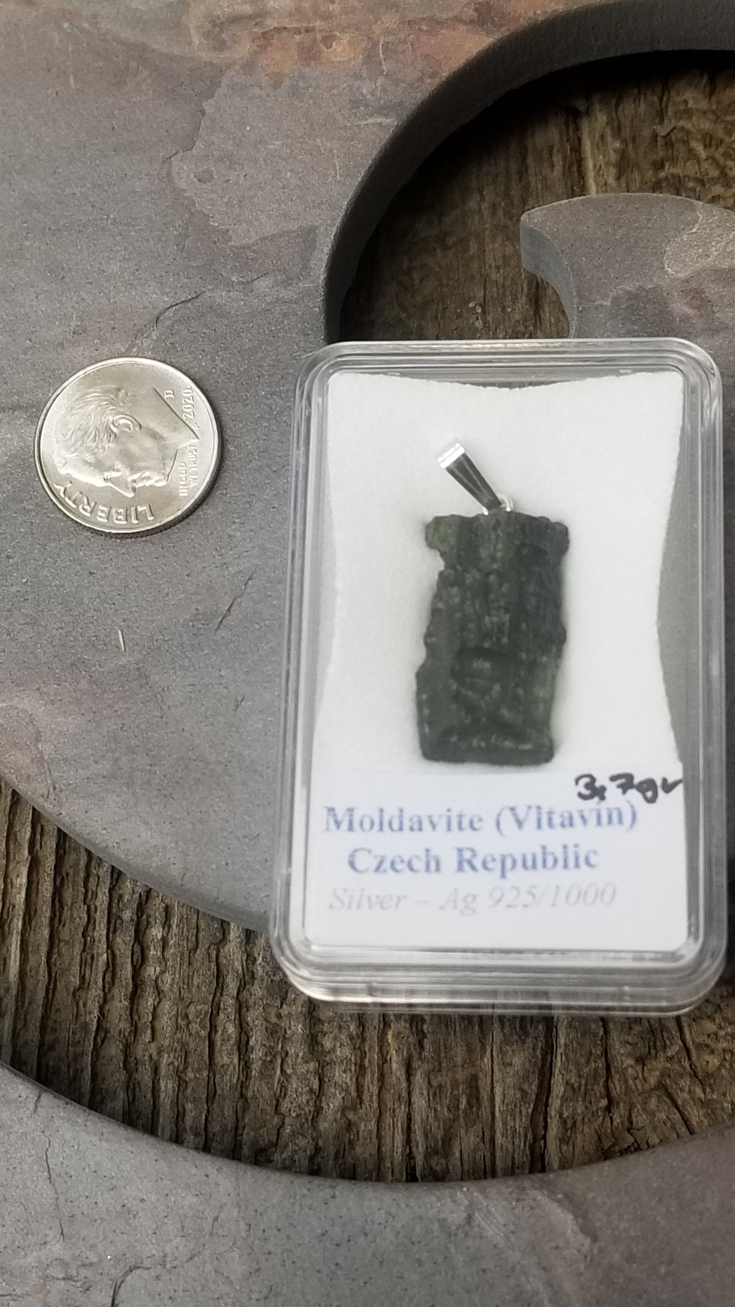 Naturally formed Moldavite from Czech Republic, (3.7gr) One Crystal, Rough, with .925 silver bell MOL-0009