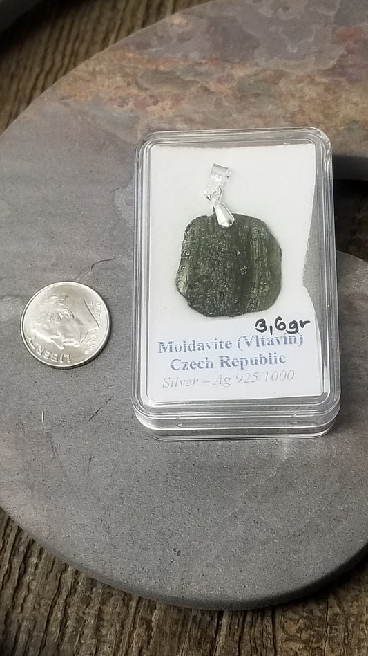 Naturally formed Moldavite from Czech Republic, (3.6gr) One Crystal, Rough, with .925 silver bell MOL-0008