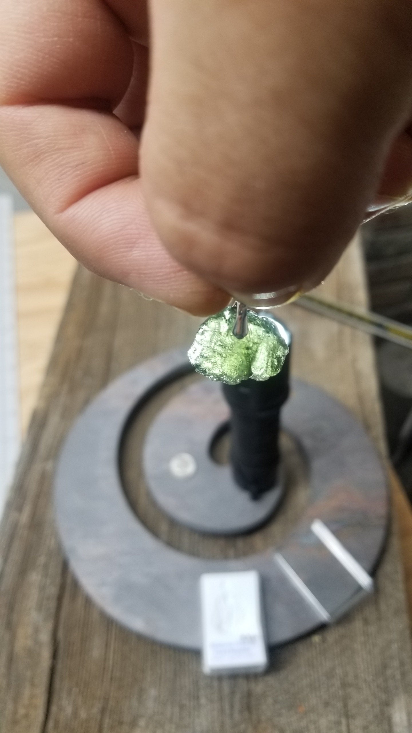 Naturally formed Moldavite from Czech Republic, (3.6gr) One Crystal, Rough, with .925 silver bell MOL-0008