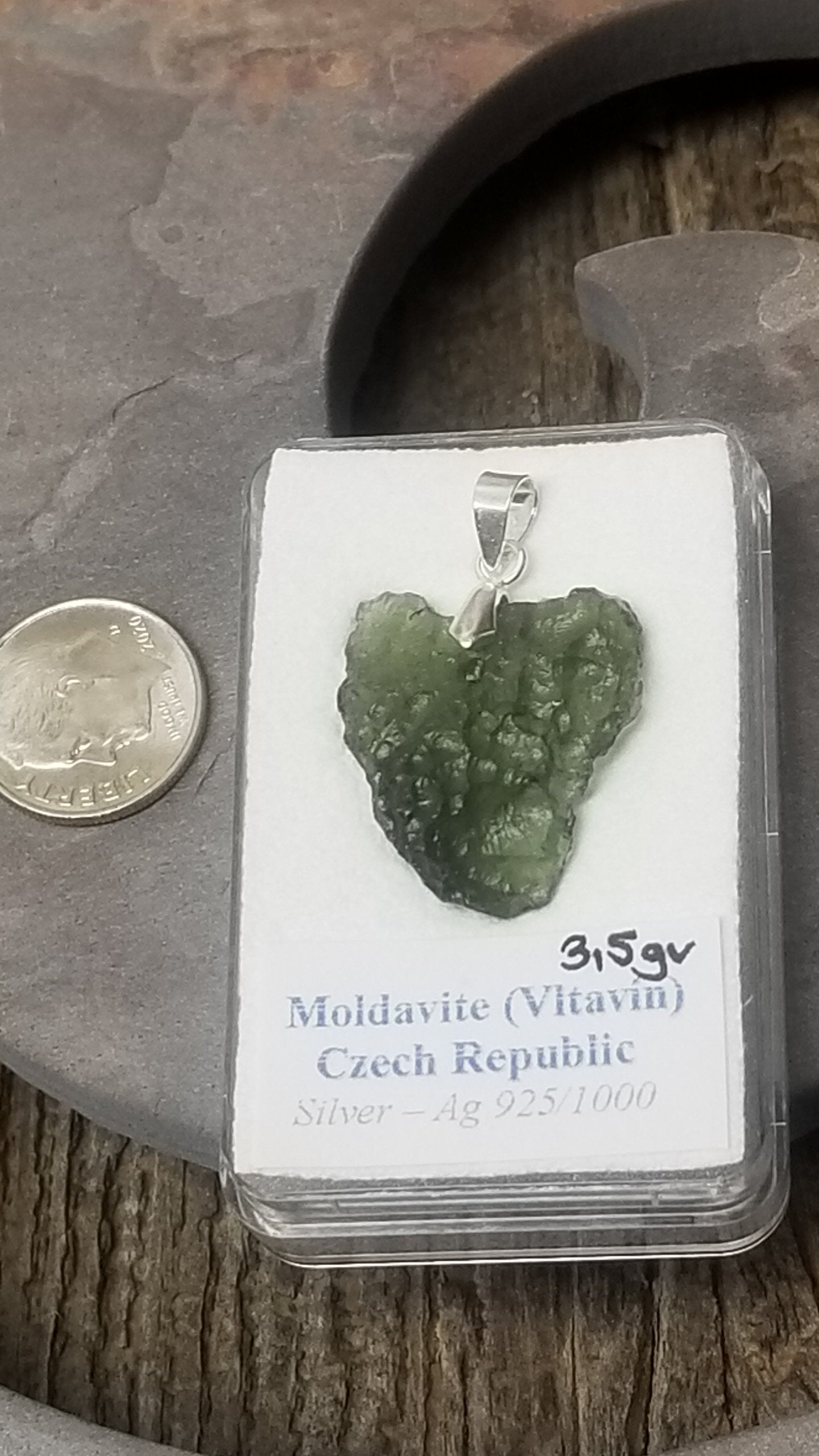 Naturally formed Moldavite from Czech Republic, (3.5gr) One Crystal, Rough, with .925 silver bell MOL-0007