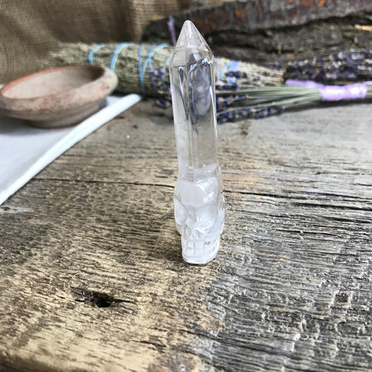 Carved Quartz Skull with Crystal Point (3 1/3"x 1 1/4"x 2/3"), Supply for Crystal Grid or Halloween Crafts FIG-0032