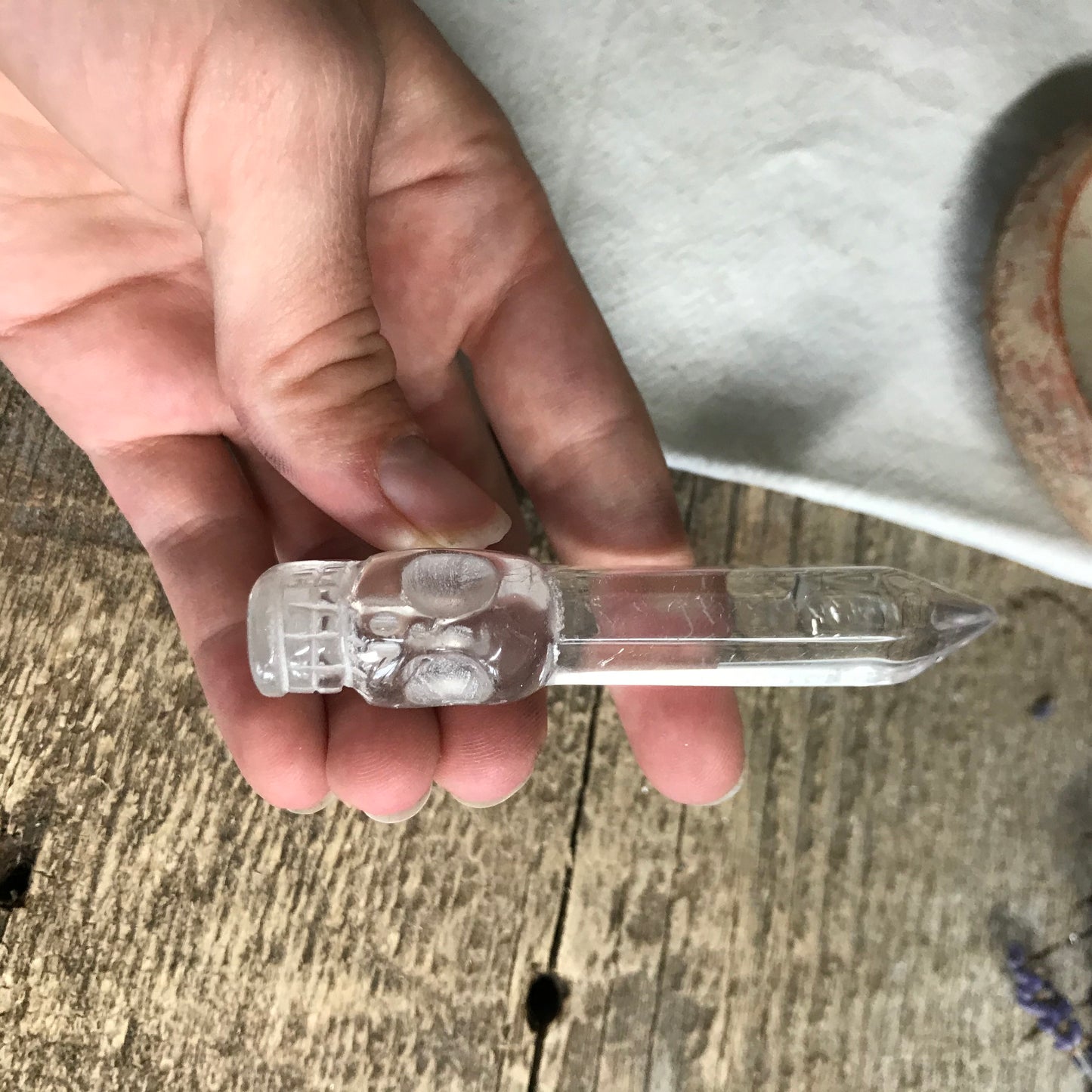 Carved Quartz Skull with Crystal Point (3 1/3"x 1 1/4"x 2/3"), Supply for Crystal Grid or Halloween Crafts FIG-0032