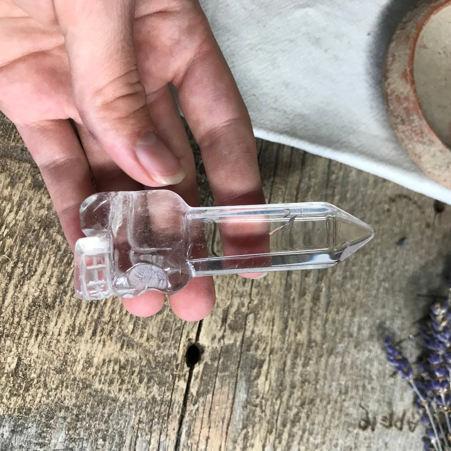 Carved Quartz Skull with Crystal Point (3 1/3"x 1 1/4"x 2/3"), Supply for Crystal Grid or Halloween Crafts FIG-0032