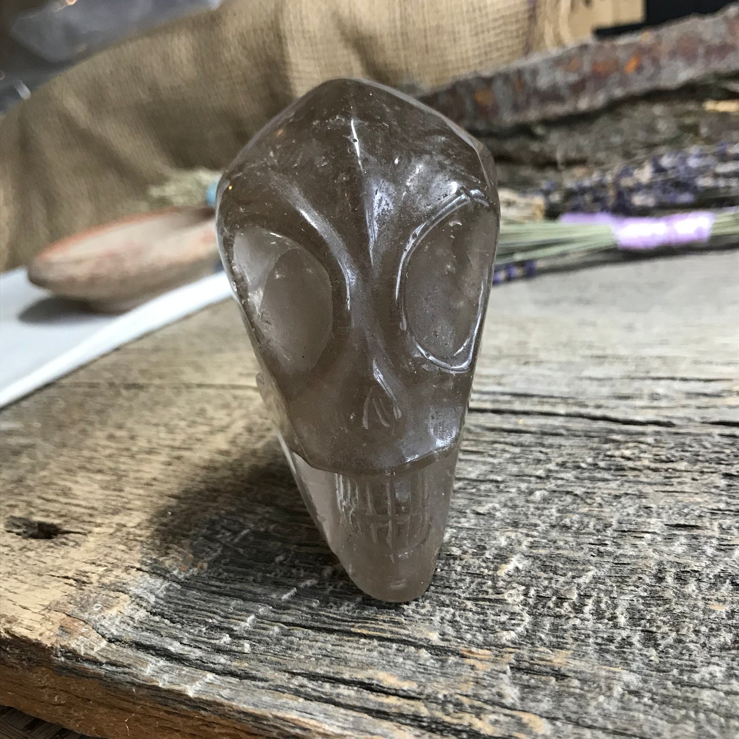 Carved Smokey Quartz Alien Skull (3 1/4" x 2 1/2" x 2"), Supply for Crystal Grid or Halloween Crafts FIG-0031