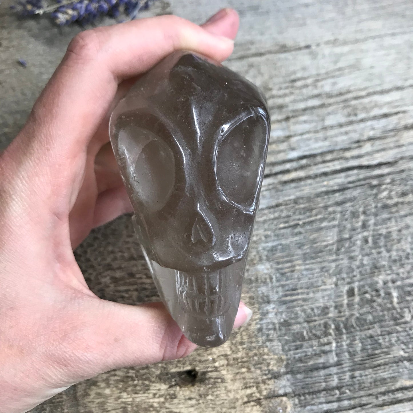 Carved Smokey Quartz Alien Skull (3 1/4" x 2 1/2" x 2"), Supply for Crystal Grid or Halloween Crafts FIG-0031