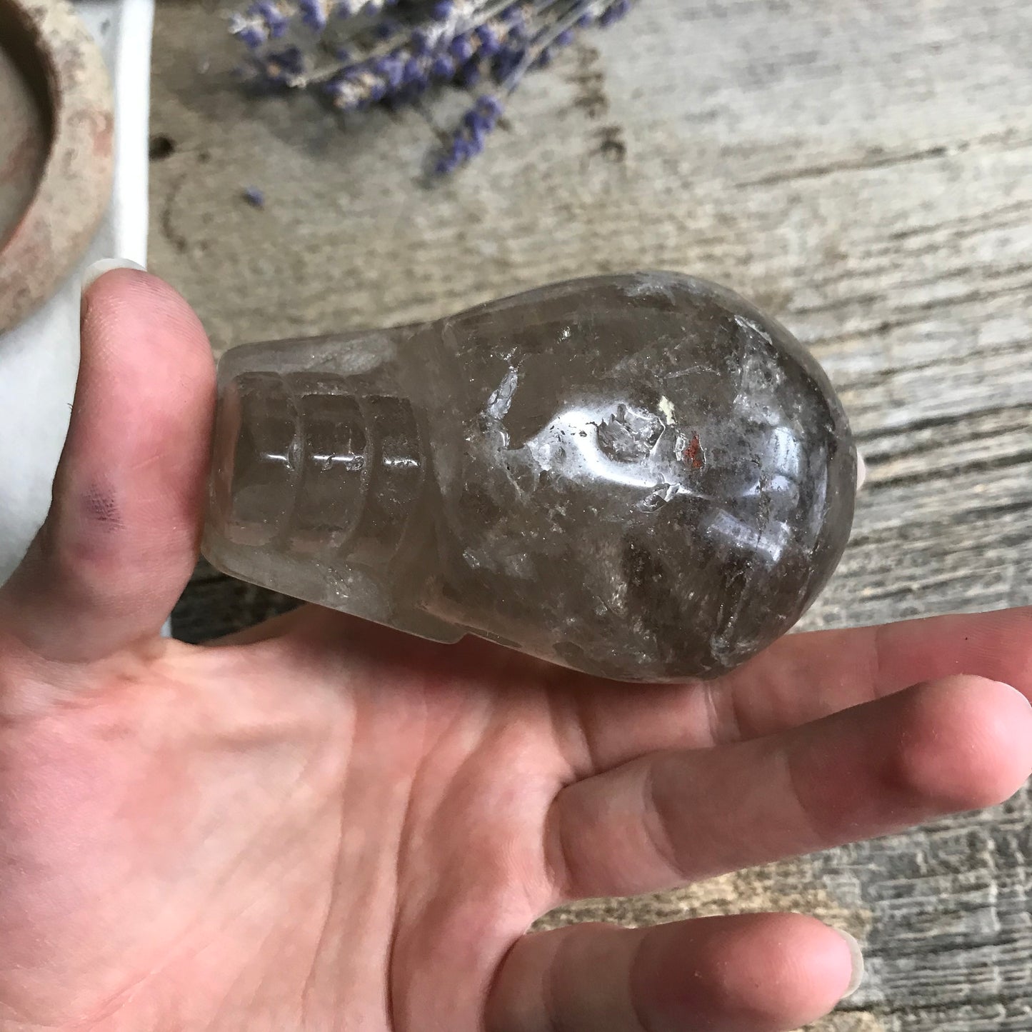 Carved Smokey Quartz Alien Skull (3 1/4" x 2 1/2" x 2"), Supply for Crystal Grid or Halloween Crafts FIG-0031