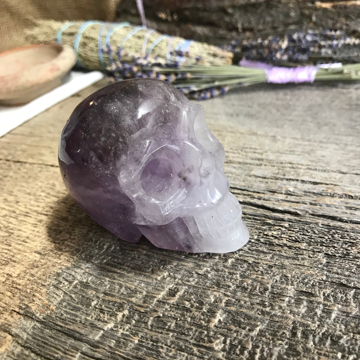 Carved Amethyst Skull (2 1/2" x 2 2/3" x 2"), Supply for Crystal Grid or Halloween Crafts FIG-0030