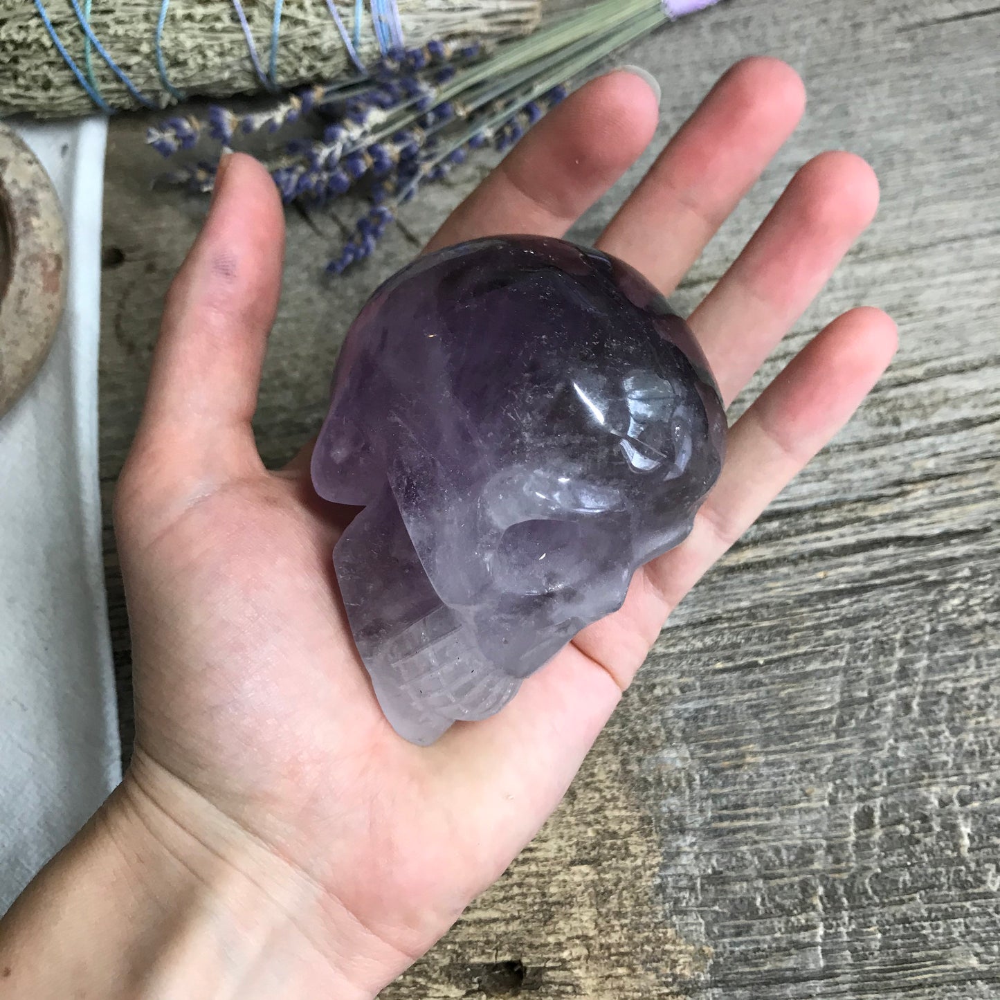 Carved Amethyst Skull (2 1/2" x 2 2/3" x 2"), Supply for Crystal Grid or Halloween Crafts FIG-0030