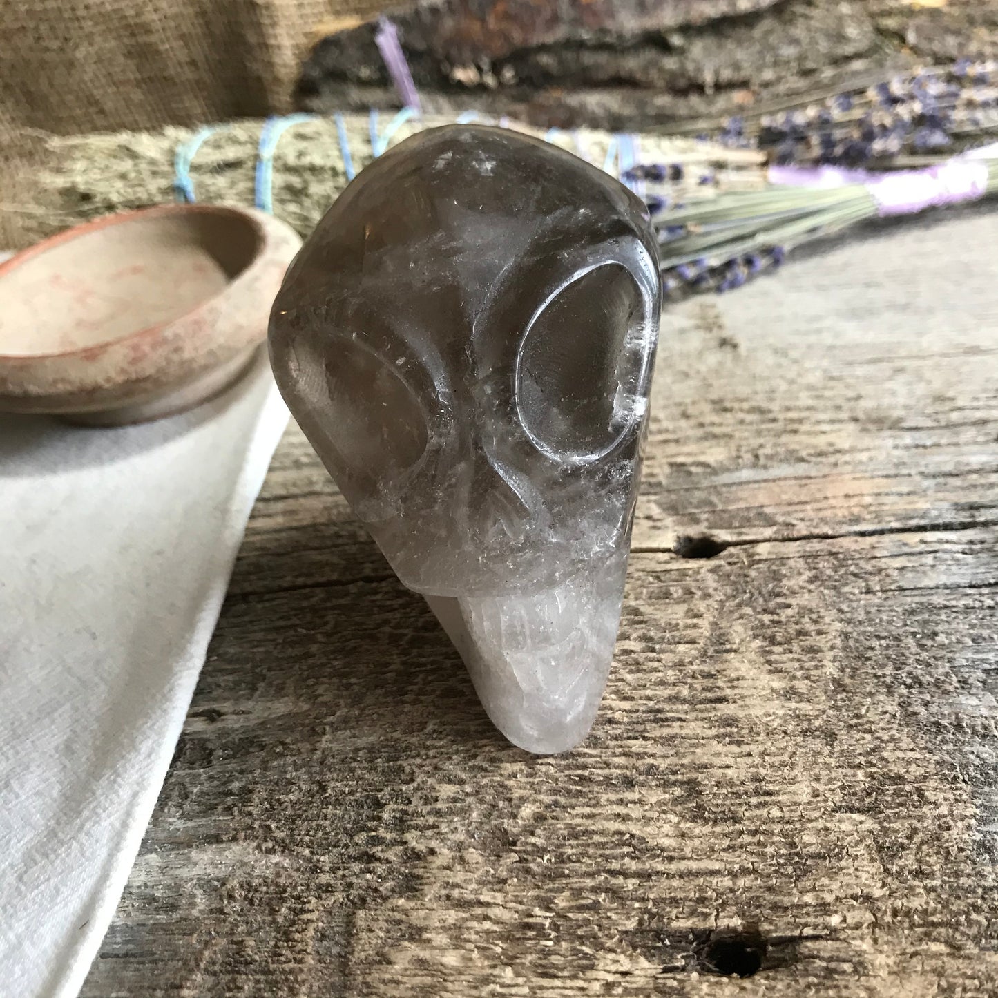 Carved Smokey Quartz Alien Skull (3" x  2 2/5" x 2 1/5"), Supply for Crystal Grid or Halloween Crafts FIG-0029