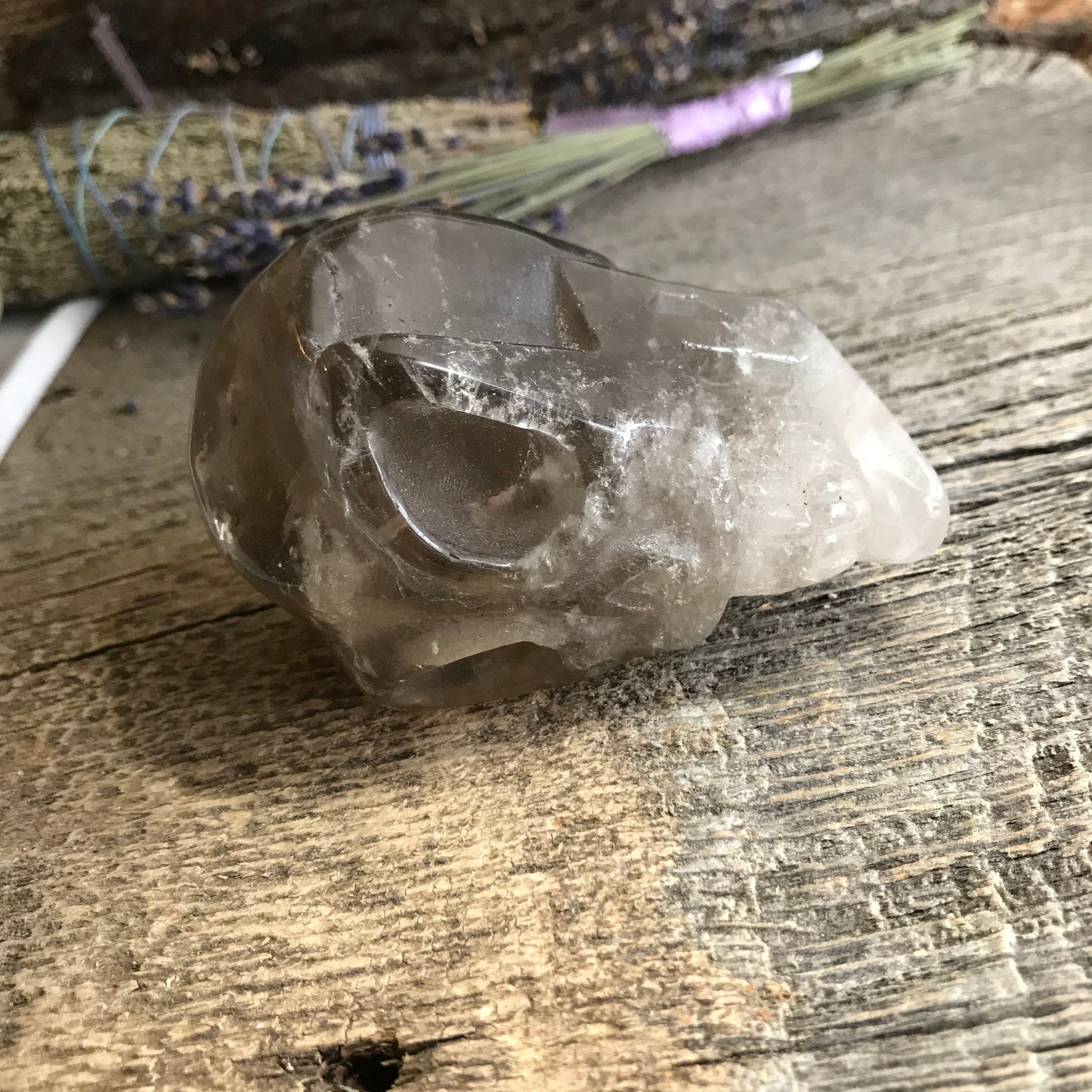 Carved Smokey Quartz Alien Skull (3" x  2 2/5" x 2 1/5"), Supply for Crystal Grid or Halloween Crafts FIG-0029