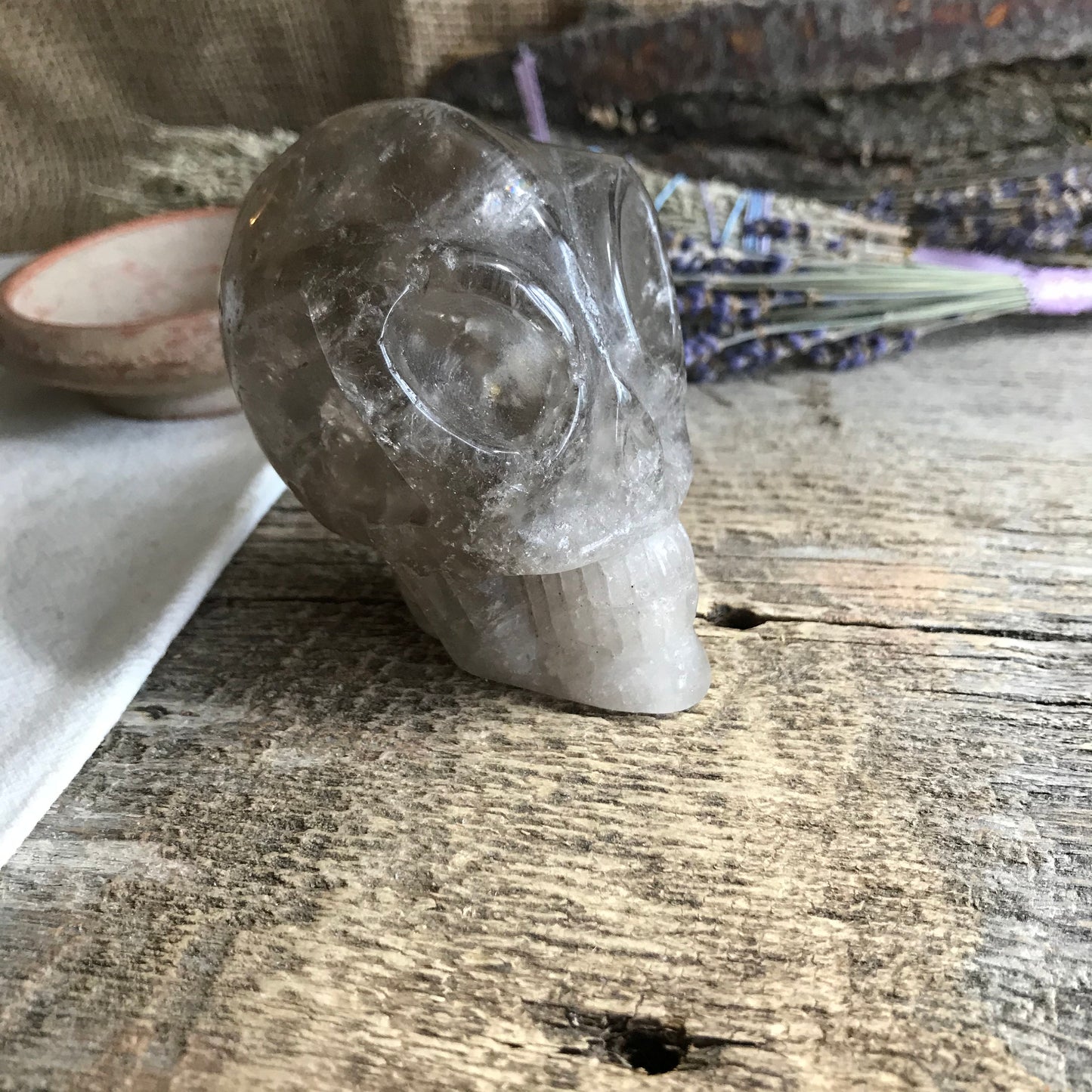 Carved Smokey Quartz Alien Skull (3" x  2 2/5" x 2 1/5"), Supply for Crystal Grid or Halloween Crafts FIG-0029