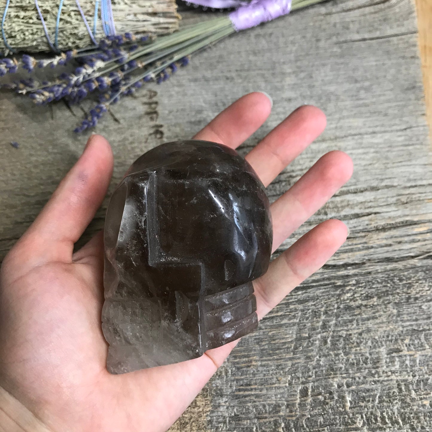 Carved Smokey Quartz Alien Skull (3" x  2 2/5" x 2 1/5"), Supply for Crystal Grid or Halloween Crafts FIG-0029