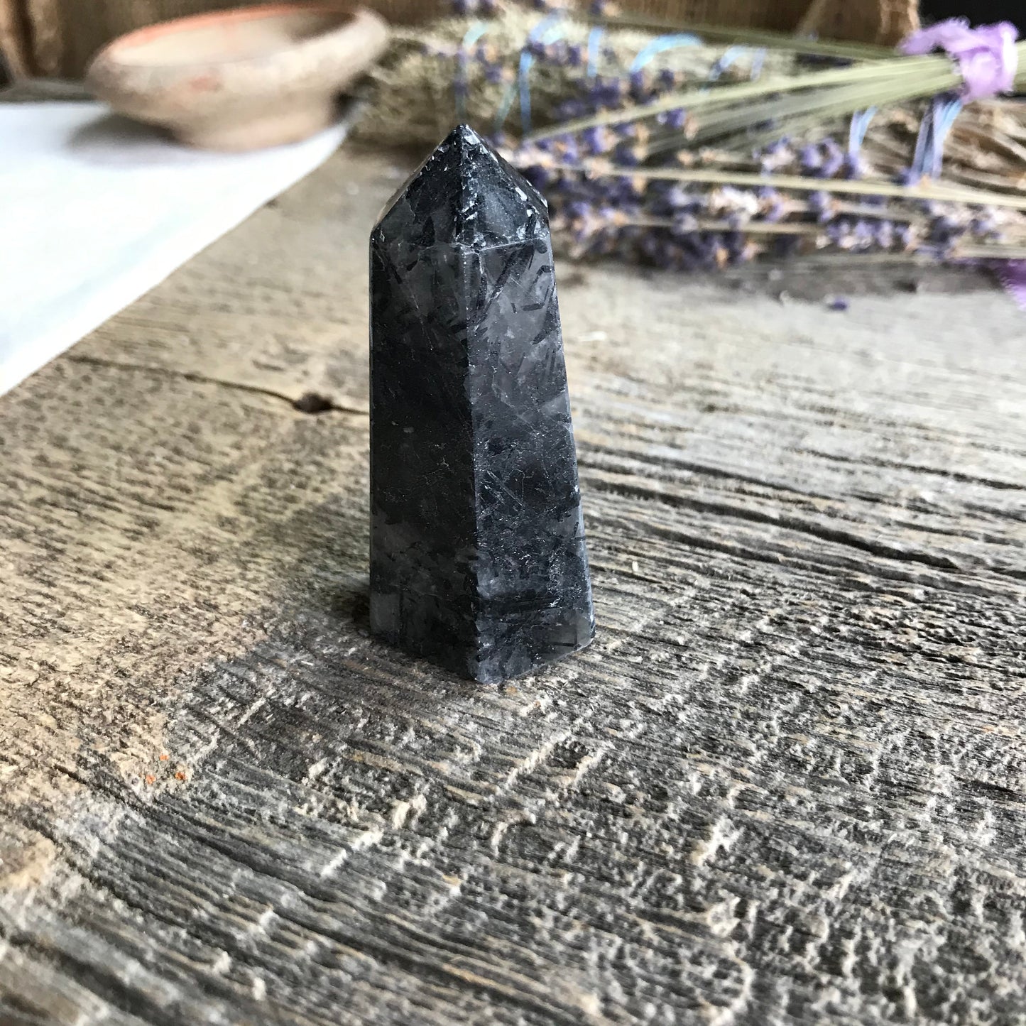 Tourmalated Quartz Obelisk, (2 2/5" x 1 1/4")  Tourmalinated Quartz Crystal, Healing Stone for Crystal Grid Making OBL-047