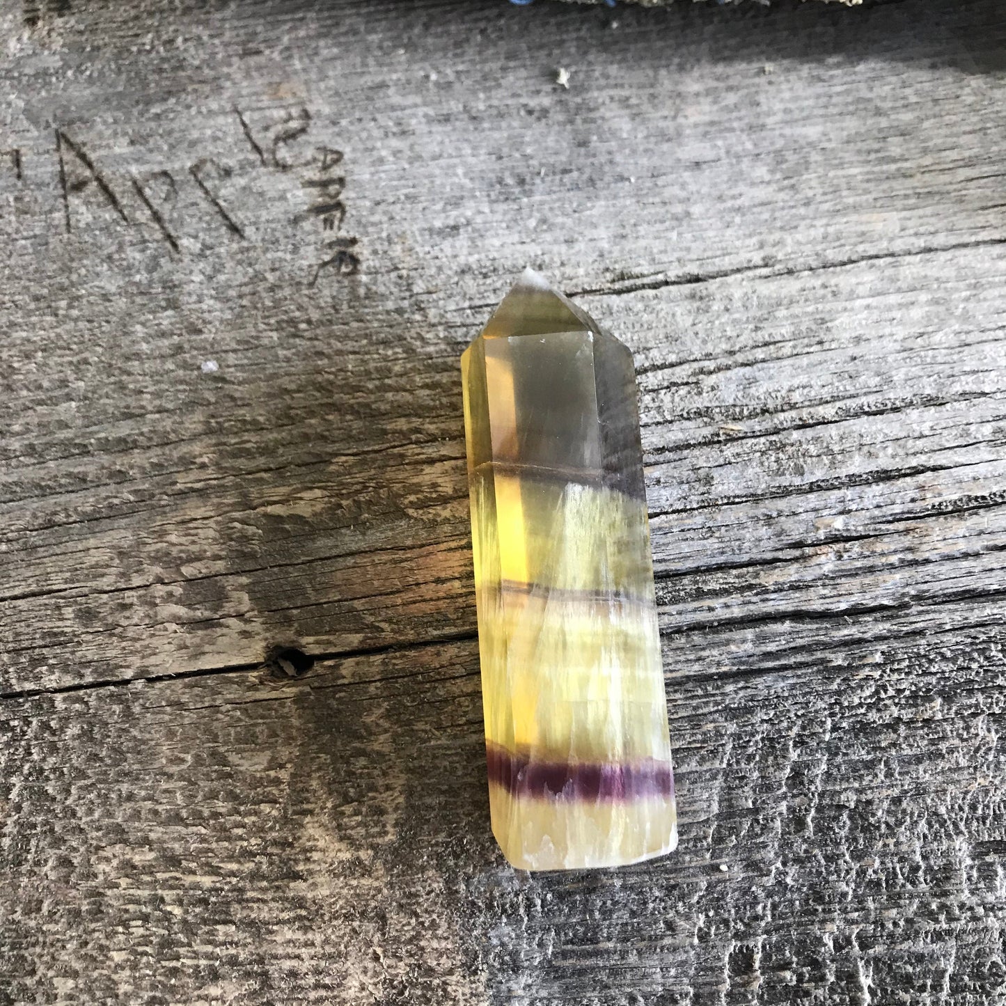 Yellow Fluorite Obelisk, 4"  long, Yellow and Purple Banded Fluorite Point, Calming Stone, Supply for Crystal Grid, Home Decor