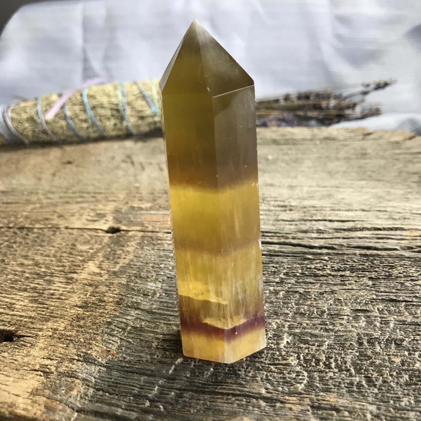 Yellow Fluorite Obelisk, 4"  long, Yellow and Purple Banded Fluorite Point, Calming Stone, Supply for Crystal Grid, Home Decor