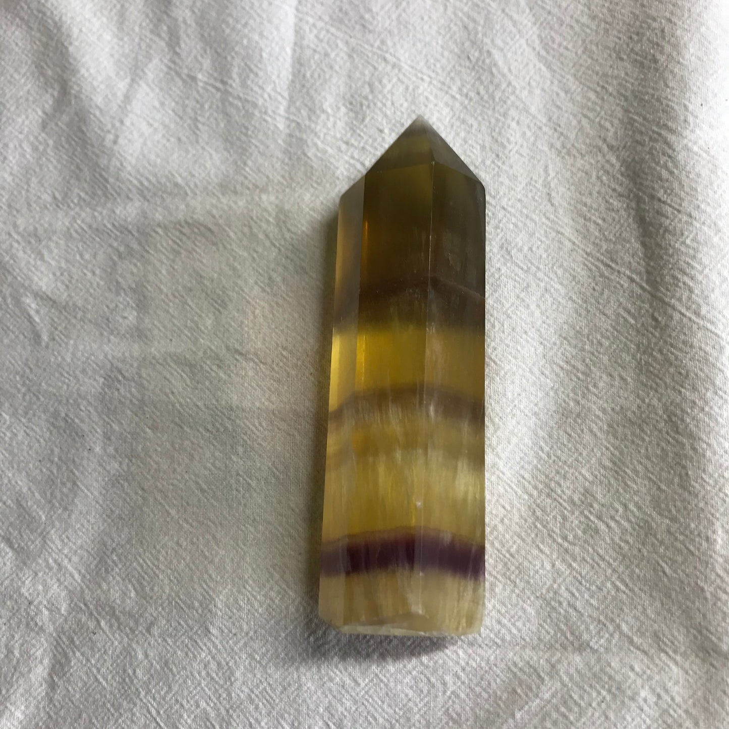 Yellow Fluorite Obelisk, 4"  long, Yellow and Purple Banded Fluorite Point, Calming Stone, Supply for Crystal Grid, Home Decor