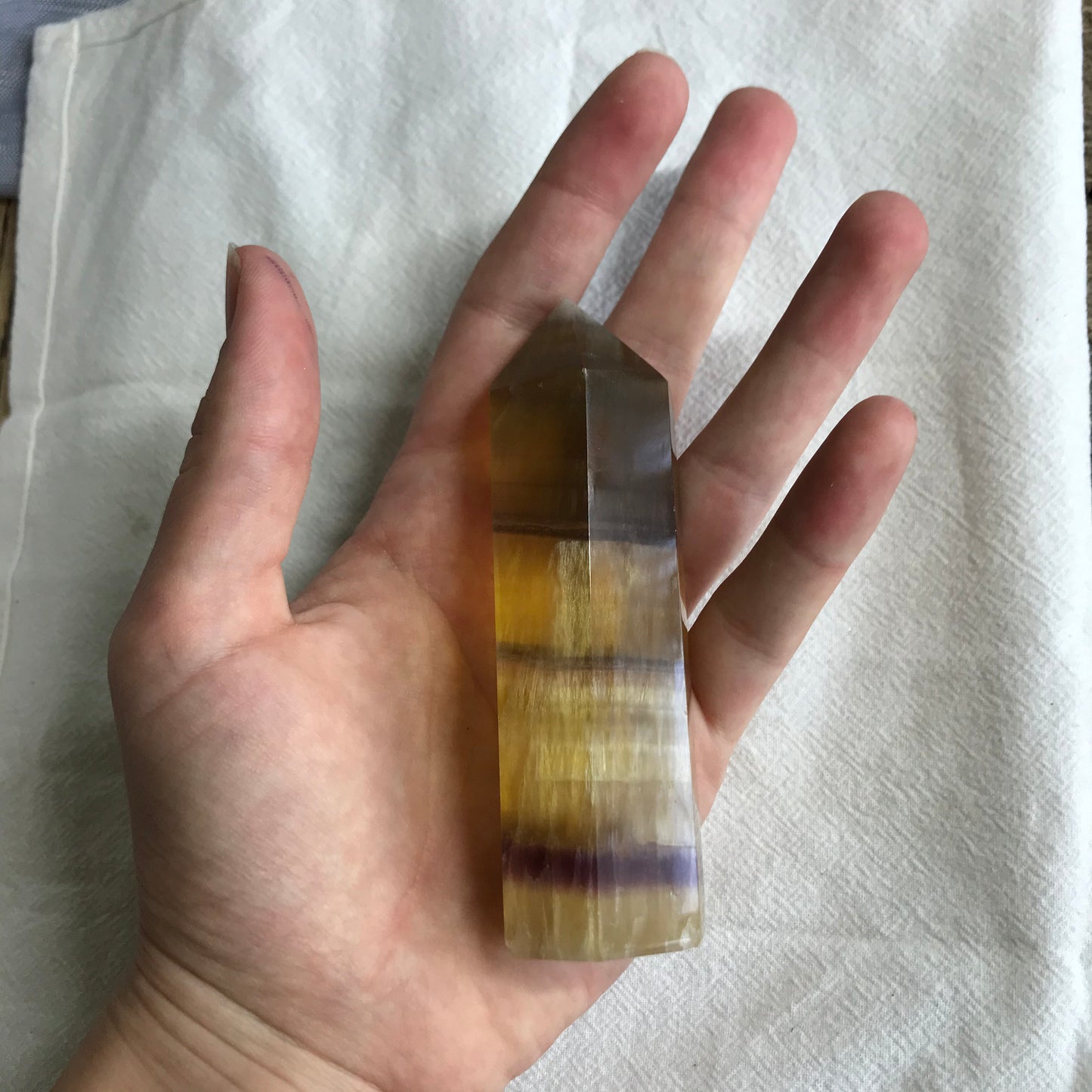 Yellow Fluorite Obelisk, 4"  long, Yellow and Purple Banded Fluorite Point, Calming Stone, Supply for Crystal Grid, Home Decor