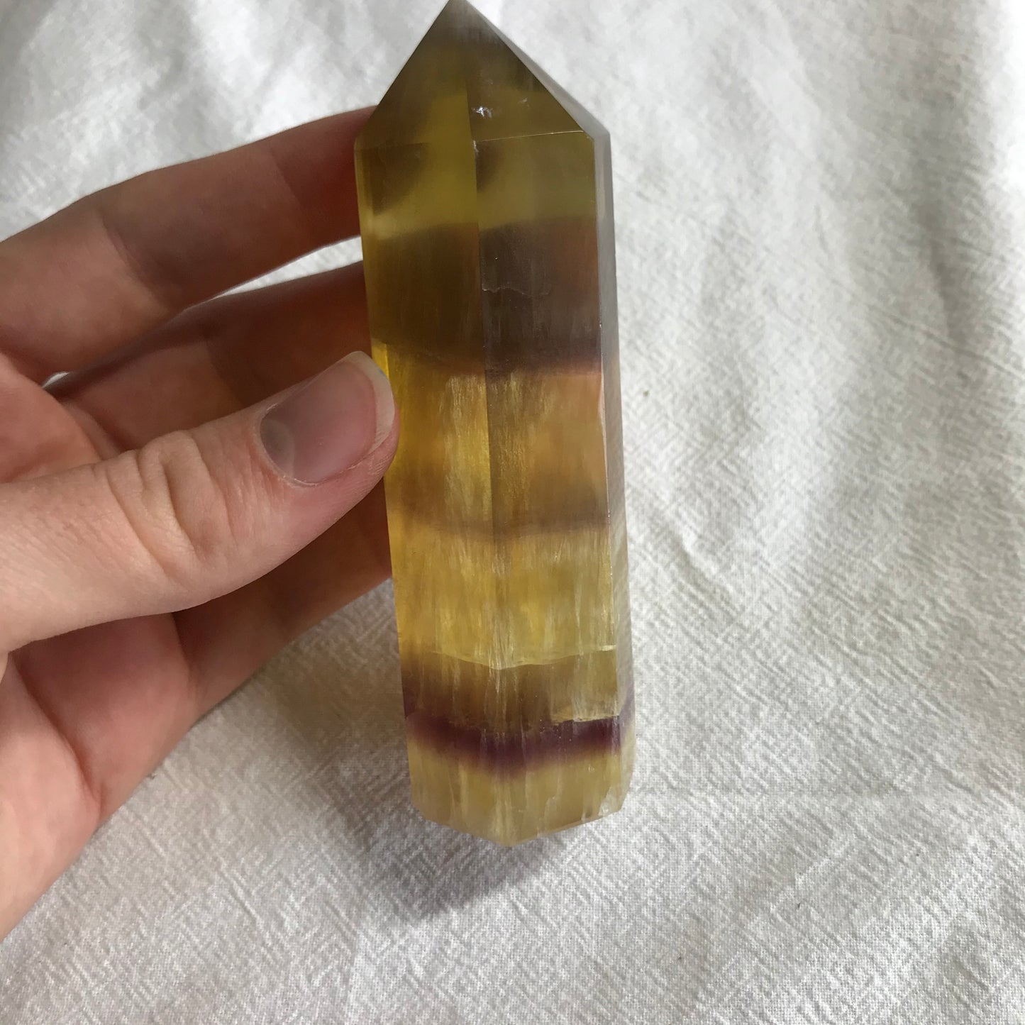 Yellow Fluorite Obelisk, 4"  long, Yellow and Purple Banded Fluorite Point, Calming Stone, Supply for Crystal Grid, Home Decor