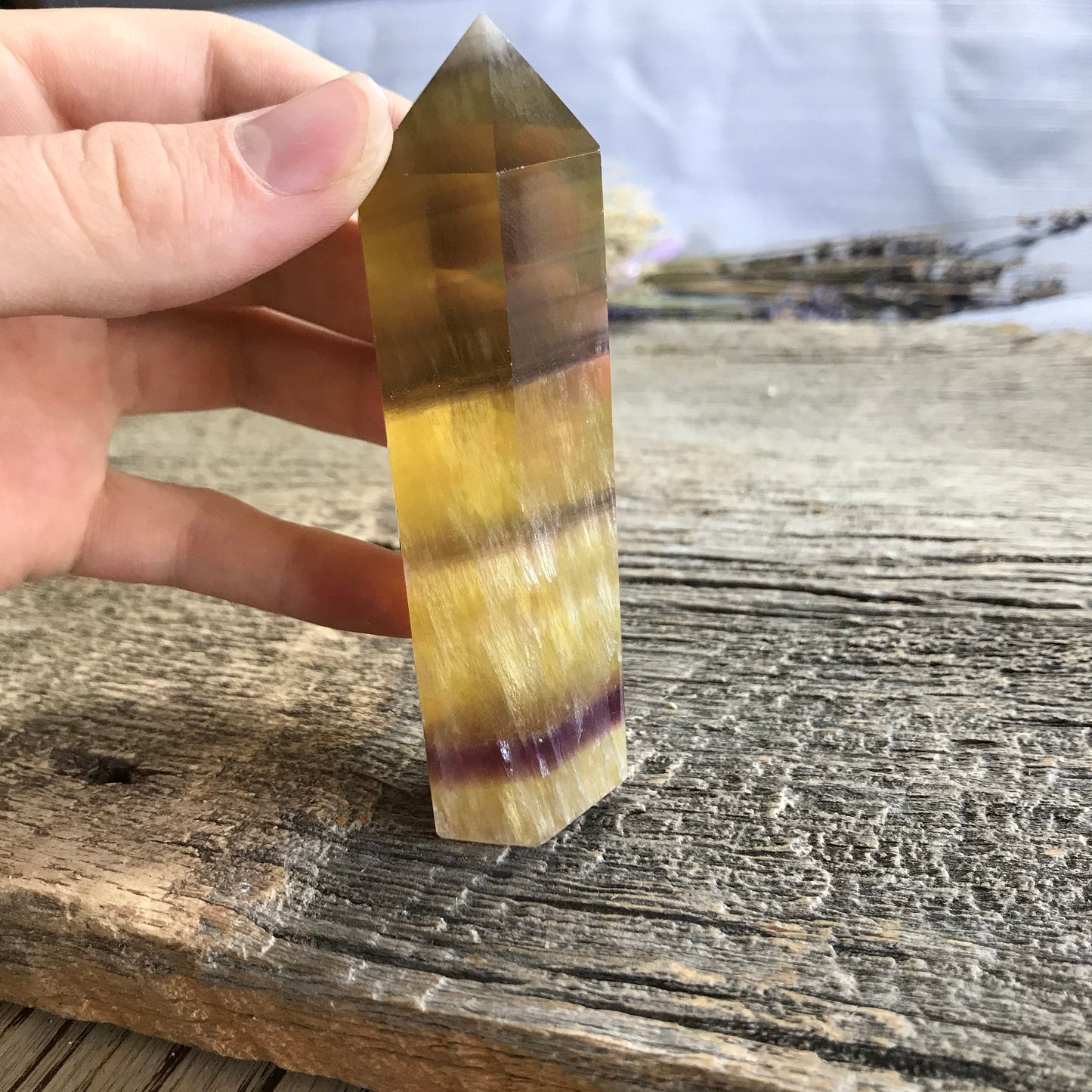 Yellow Fluorite Obelisk, 4"  long, Yellow and Purple Banded Fluorite Point, Calming Stone, Supply for Crystal Grid, Home Decor