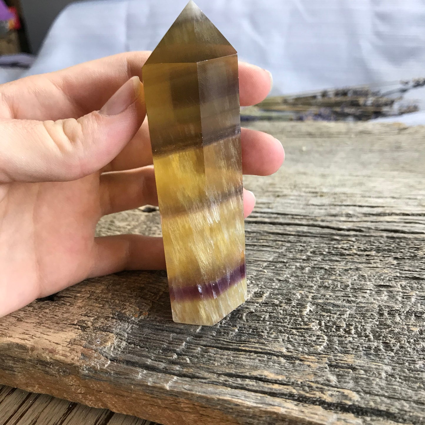 Yellow Fluorite Obelisk, 4"  long, Yellow and Purple Banded Fluorite Point, Calming Stone, Supply for Crystal Grid, Home Decor