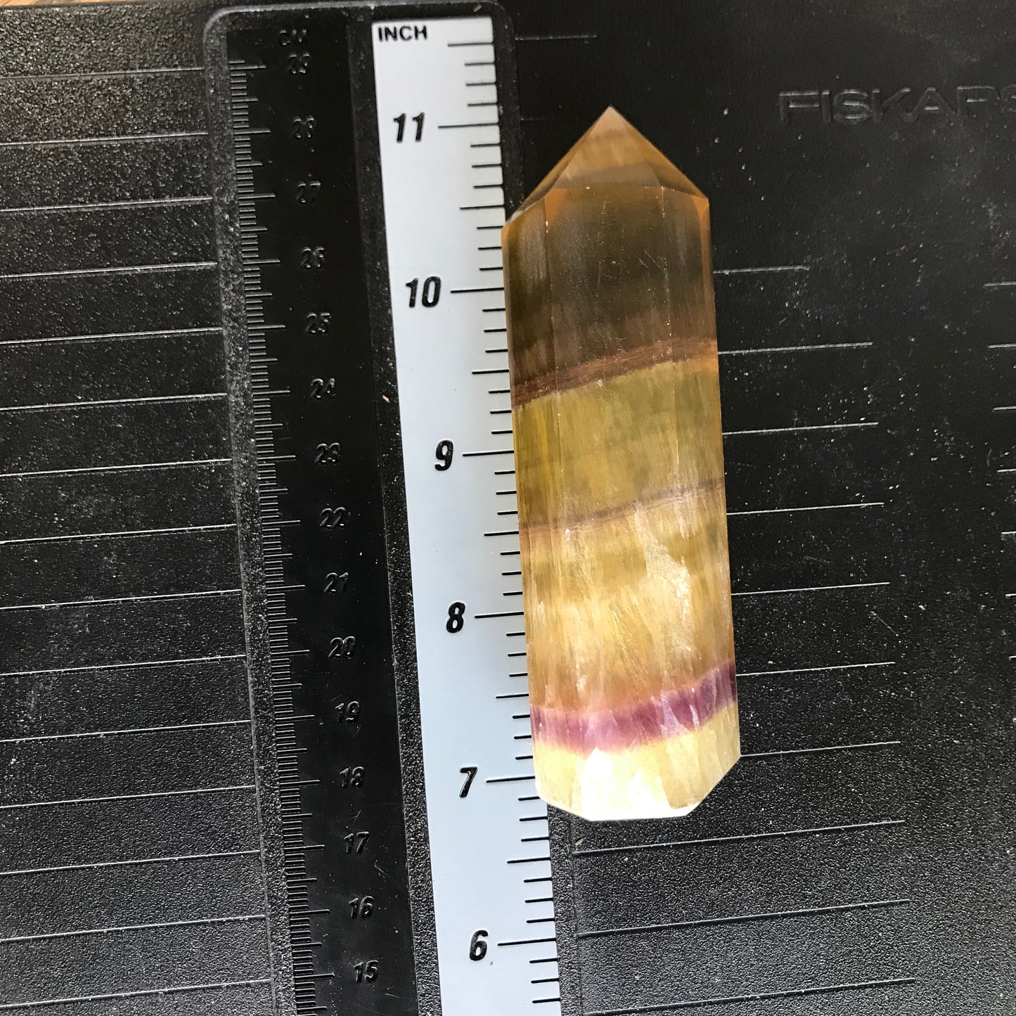 Yellow Fluorite Obelisk, 4"  long, Yellow and Purple Banded Fluorite Point, Calming Stone, Supply for Crystal Grid, Home Decor