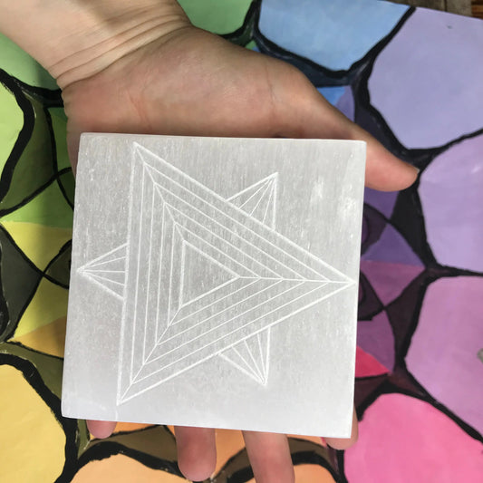 Selenite Carved Square Tile, Sacred Geometry (Approx 4")  Crystal Charging Plate, Supply for Grid Shop Wholesale Crystals