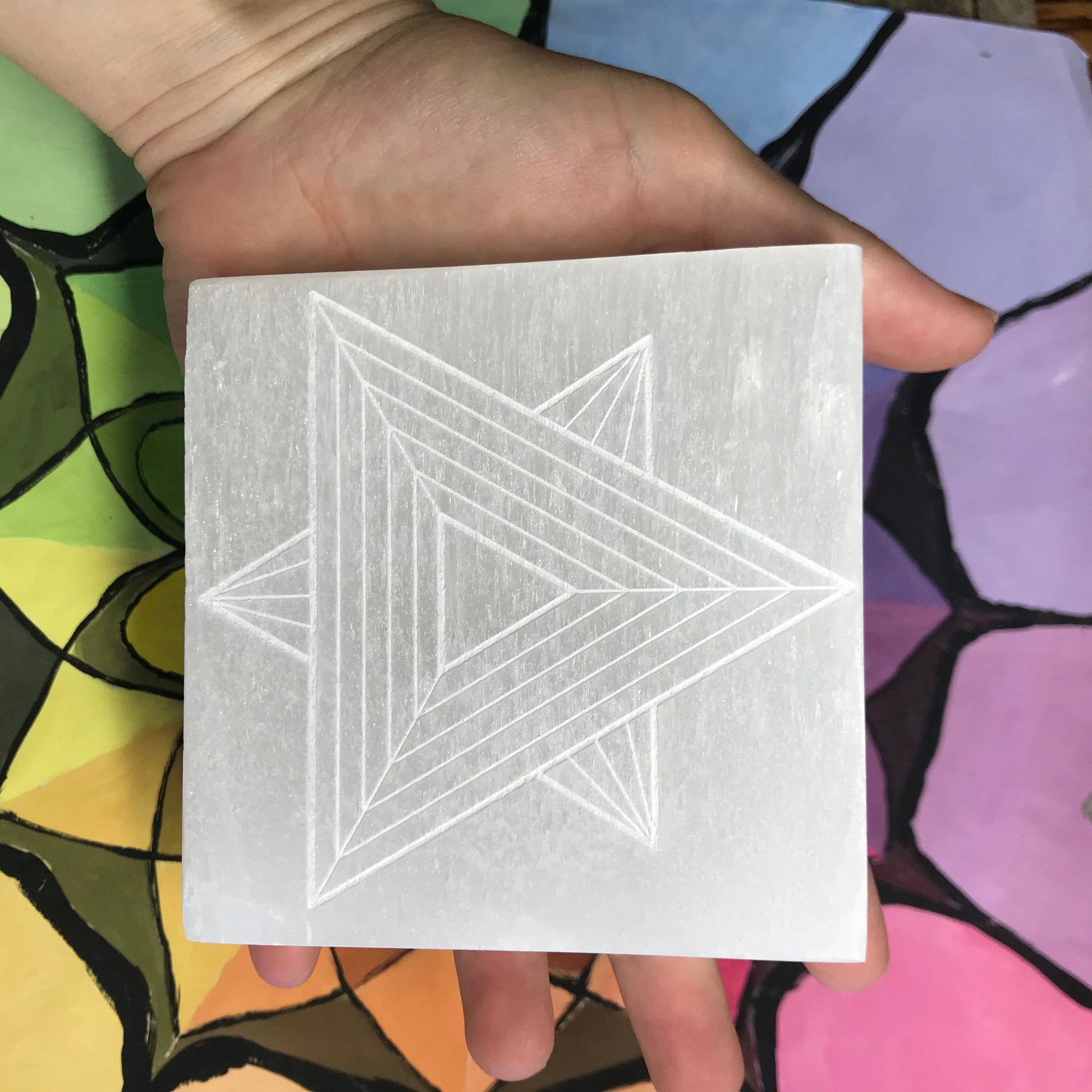 Selenite Carved Square Tile, Sacred Geometry (Approx 4")  Crystal Charging Plate, Supply for Grid Shop Wholesale Crystals