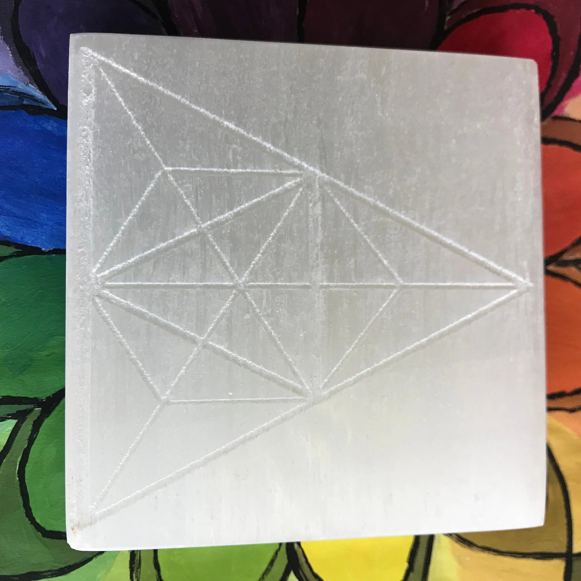 Selenite Carved Square Tile, Sacred Geometry (Near 4")  Crystal Charging Plate, Supply for Grid Shop Wholesale Crystals
