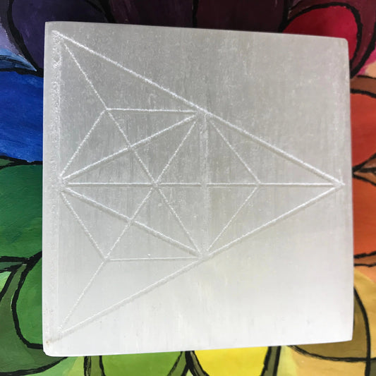 Selenite Carved Square Tile, Sacred Geometry (Near 4")  Crystal Charging Plate, Supply for Grid Shop Wholesale Crystals