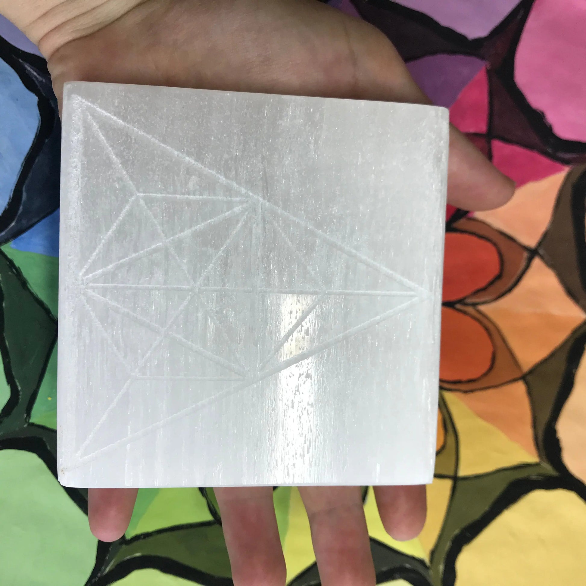 Selenite Carved Square Tile, Sacred Geometry (Near 4")  Crystal Charging Plate, Supply for Grid Shop Wholesale Crystals