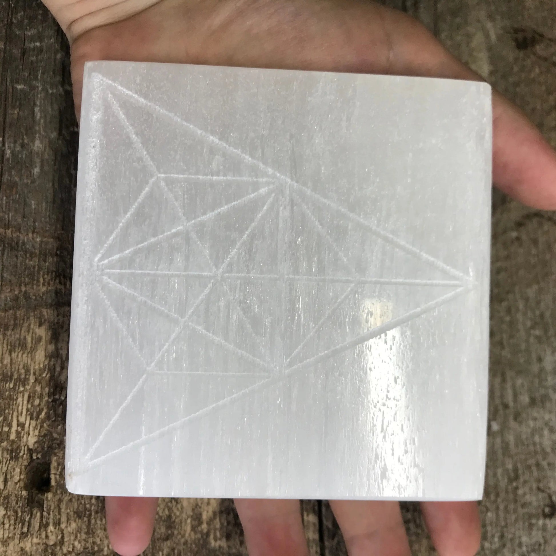 Selenite Carved Square Tile, Sacred Geometry (Near 4")  Crystal Charging Plate, Supply for Grid Shop Wholesale Crystals