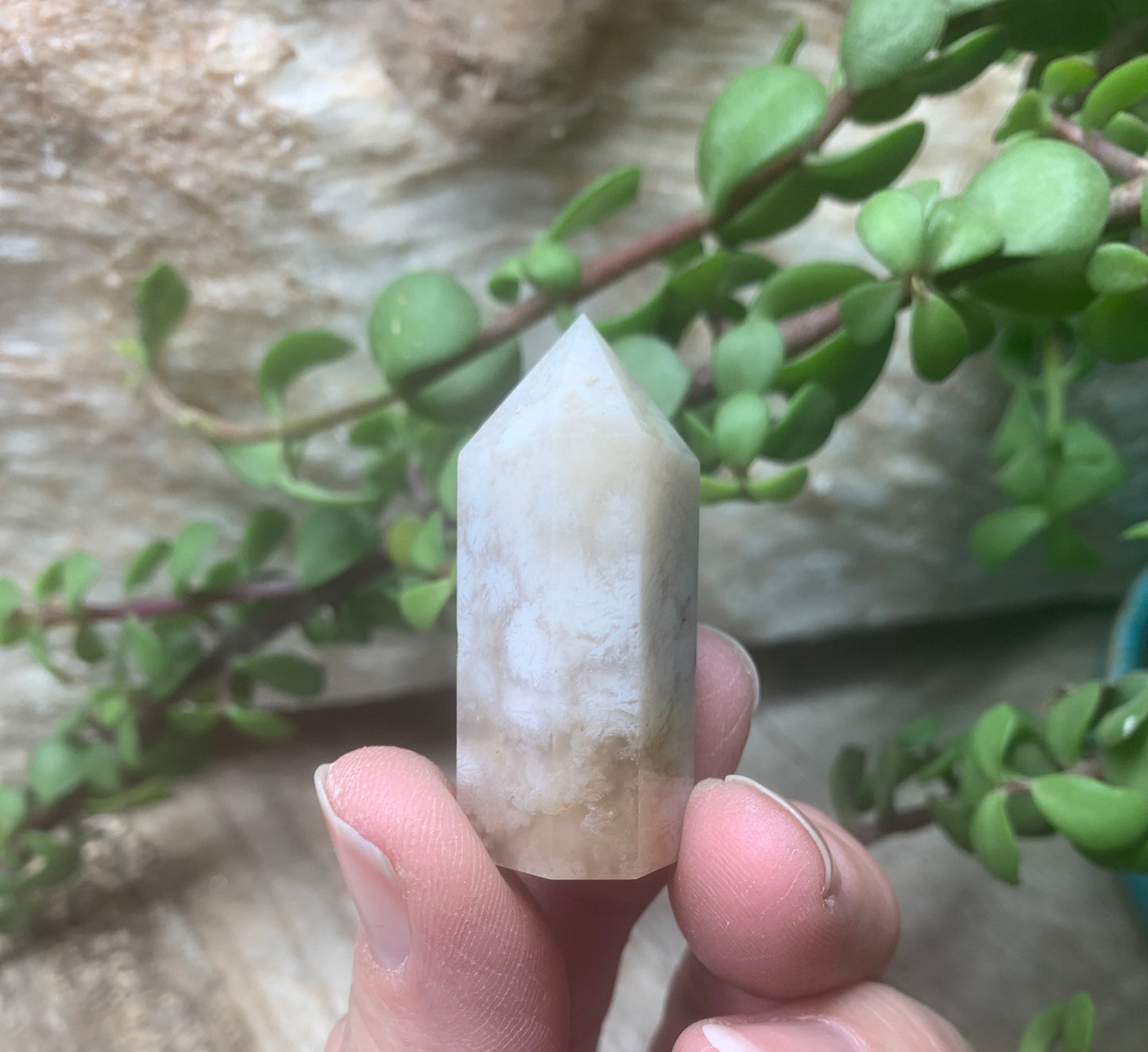 Flower Agate Obelisk, Peach Blossom Agate Stone. OBL-0296